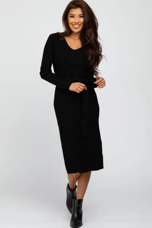 Black Tie Front Sweater Midi Dress sold by Pinkblush