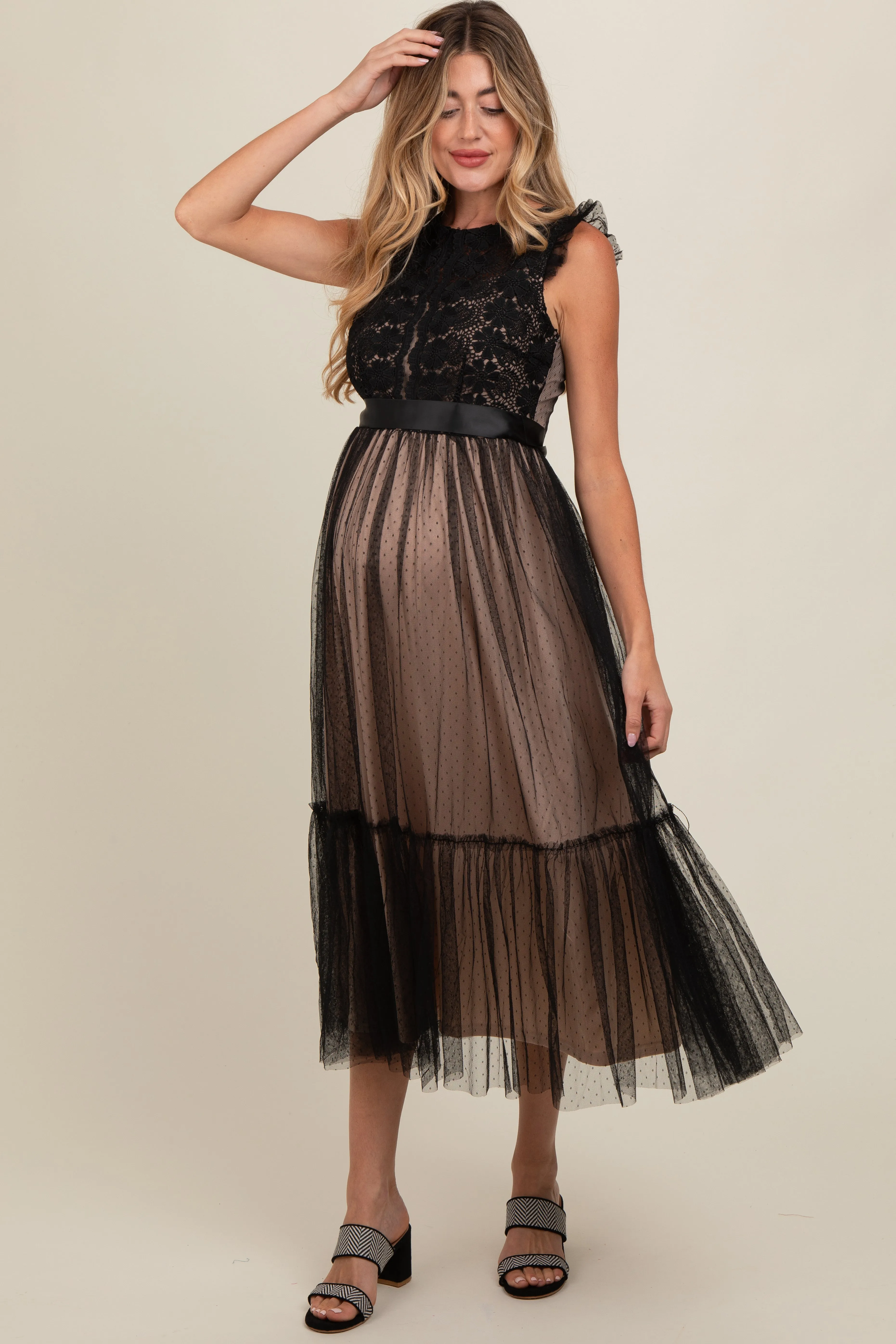 Black Lace Contrast Tulle Maternity Maxi Dress sold by Pinkblush
