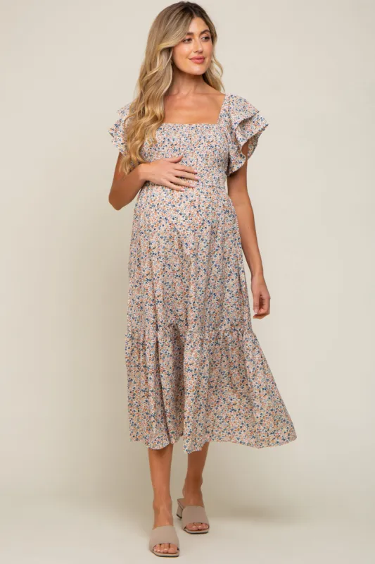 Cream Floral Flutter Maternity Midi Dress sold by Pinkblush