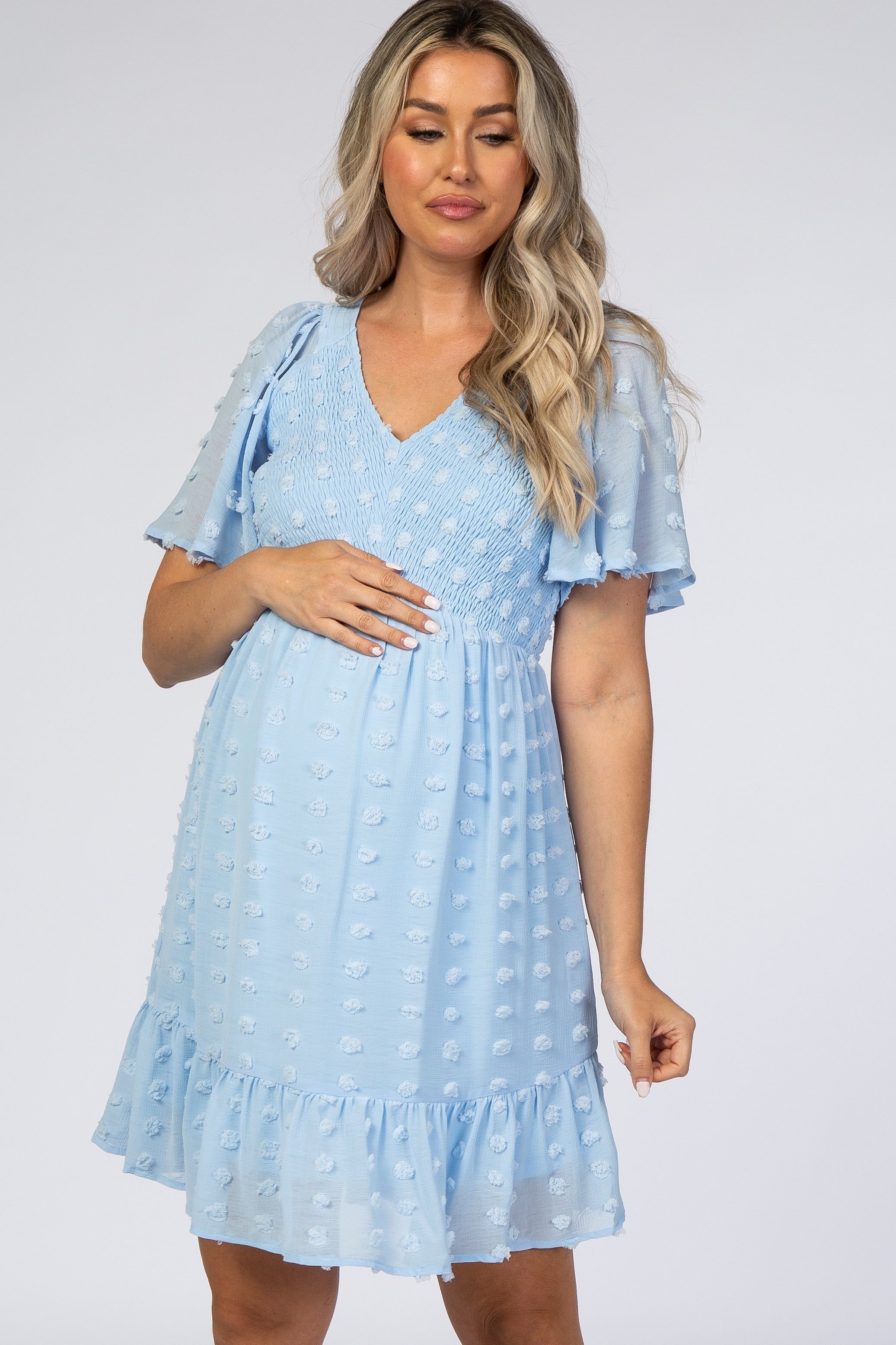 Light Blue Swiss Dot Smocked Maternity Dress sold by Pinkblush product image thumbnail 4