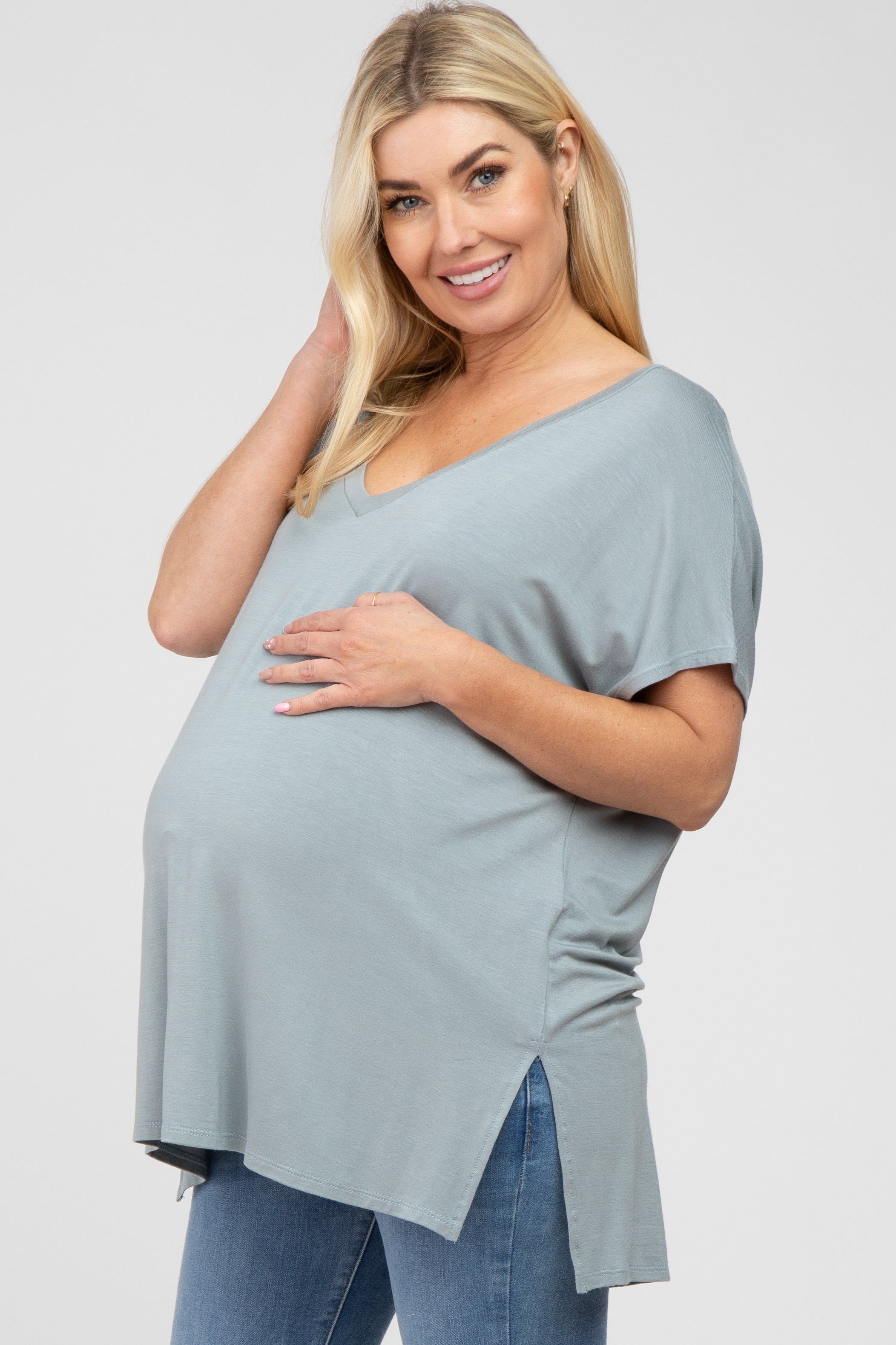 Blue V-Neck Oversized Maternity Short Sleeve Top sold by Pinkblush product image thumbnail 2