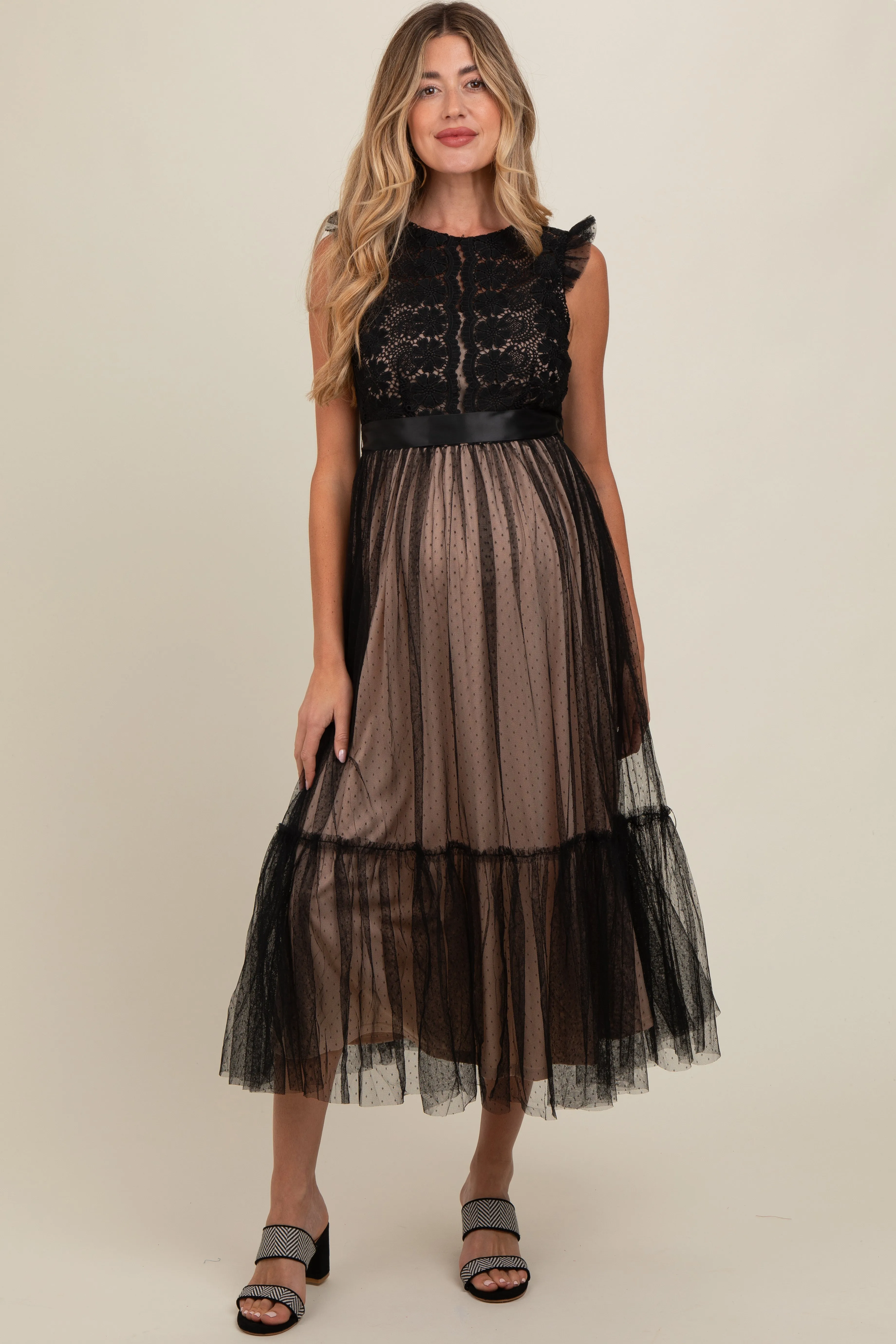 Black Lace Contrast Tulle Maternity Maxi Dress sold by Pinkblush product image thumbnail 2