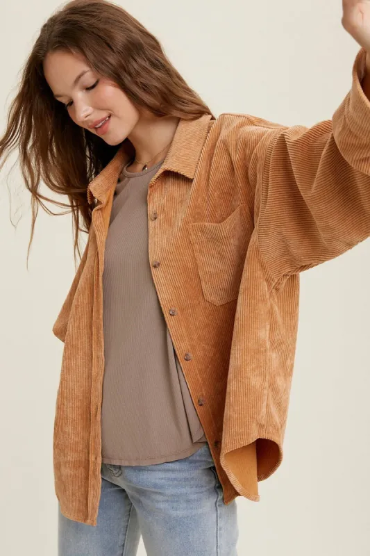 Camel Corduroy Front One Pocket Shacket sold by Pinkblush