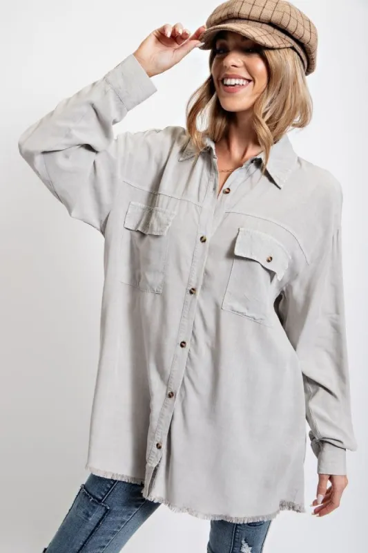 Light Grey Collared Button Front Raw Hem Top sold by Pinkblush
