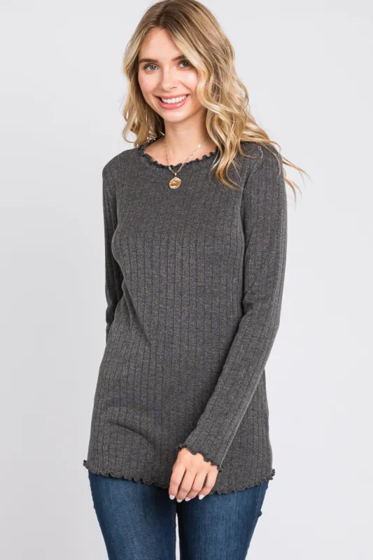 Charcoal Rib Knit Lettuce Trim Long Sleeve Top sold by Pinkblush