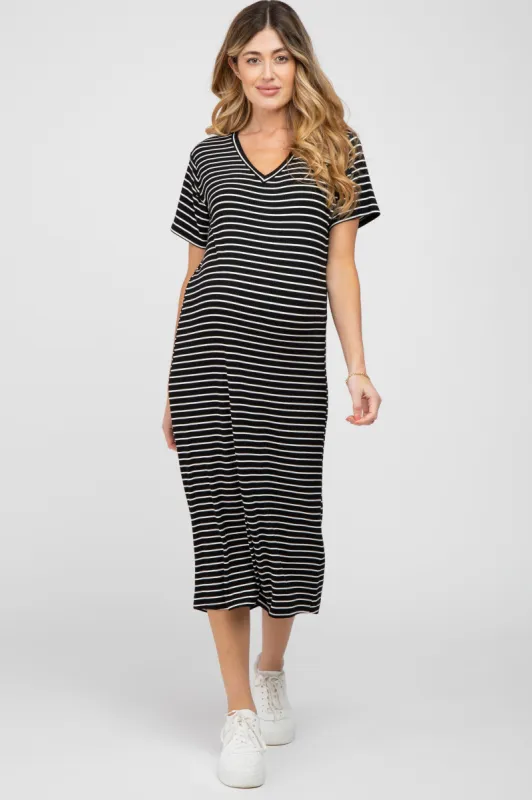 Black Striped Ribbed Maternity Midi Dress sold by Pinkblush