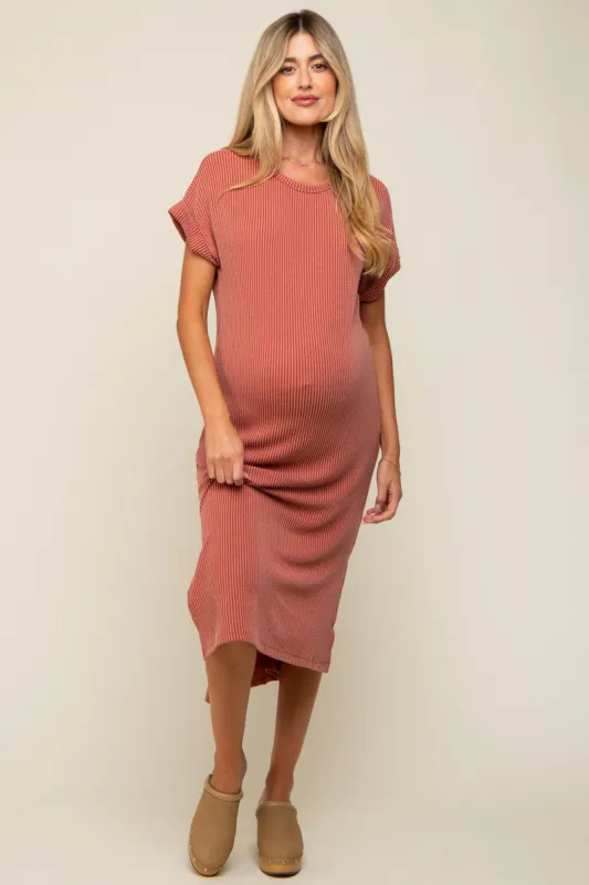 Rust Ribbed Short Sleeve Maternity Midi Dress sold by Pinkblush
