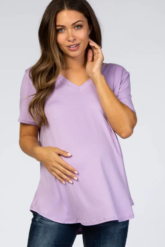 Lavender V-Neck Short Sleeve Maternity Top sold by Pinkblush