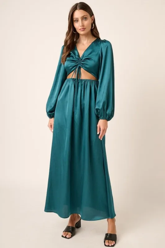 Dark Teal Satin Ruching Detail Front Maxi Dress sold by Pinkblush