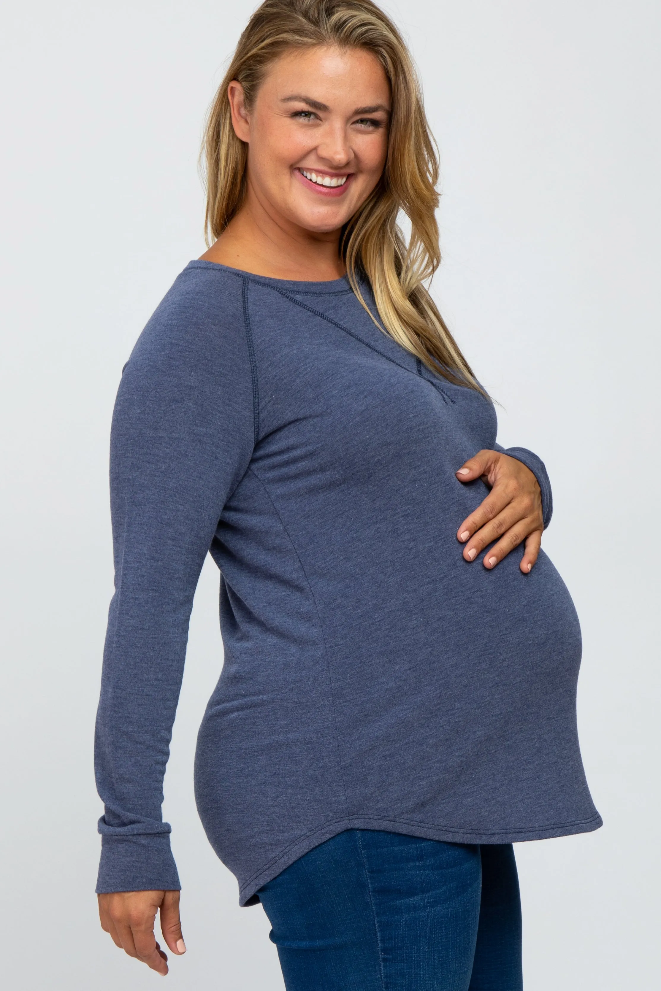 Navy Blue Soft Knit Maternity Plus Long Sleeve Top sold by Pinkblush product image thumbnail 2