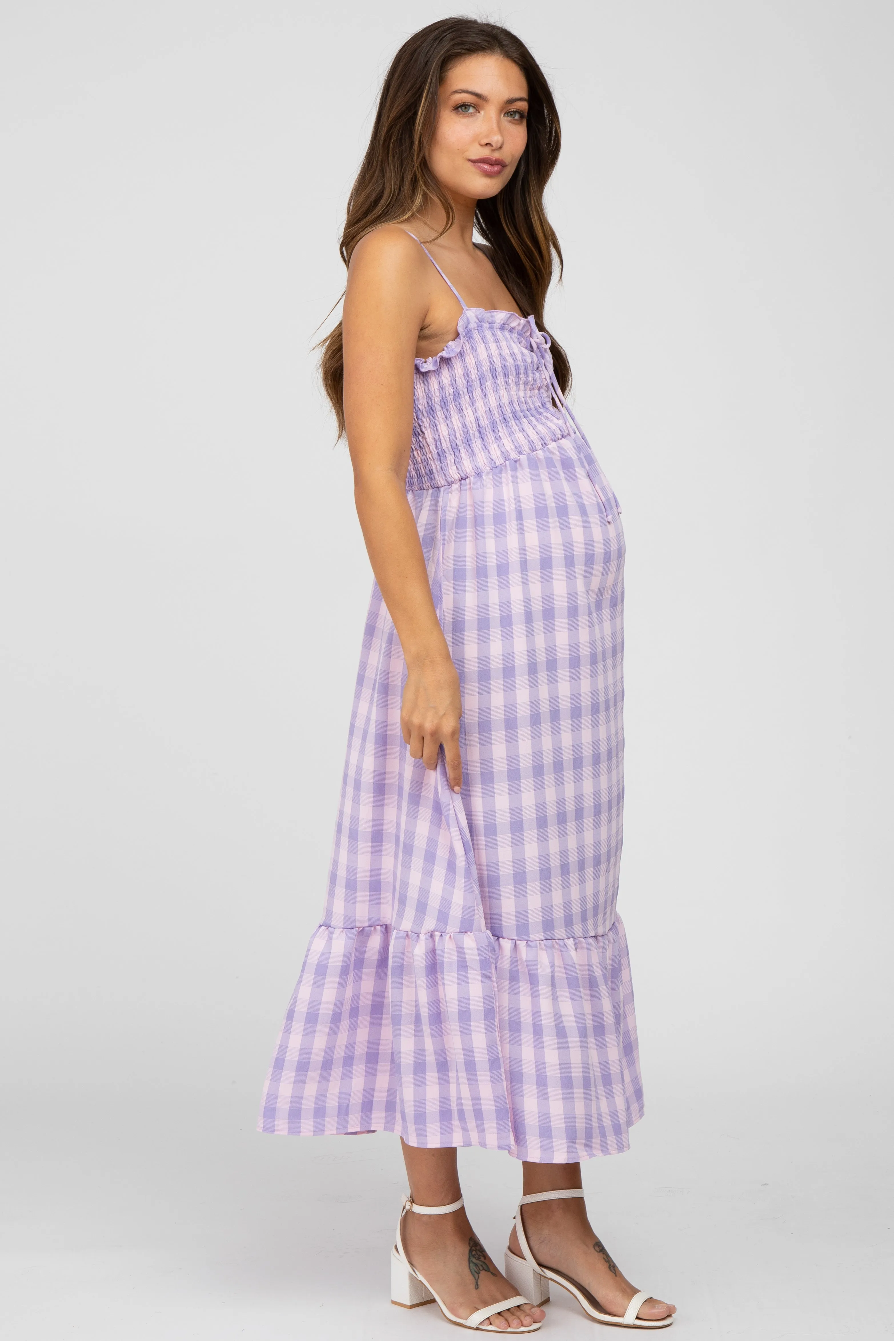 Lavender Plaid Smocked Maternity Midi Dress sold by Pinkblush product image thumbnail 2