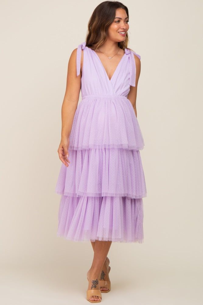 Lavender Sleeveless Tiered Tie Strap Tulle Maternity Midi Dress sold by Pinkblush product image thumbnail 4