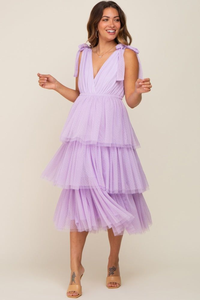 Lavender Sleeveless Tiered Tie Strap Tulle Maternity Midi Dress sold by Pinkblush