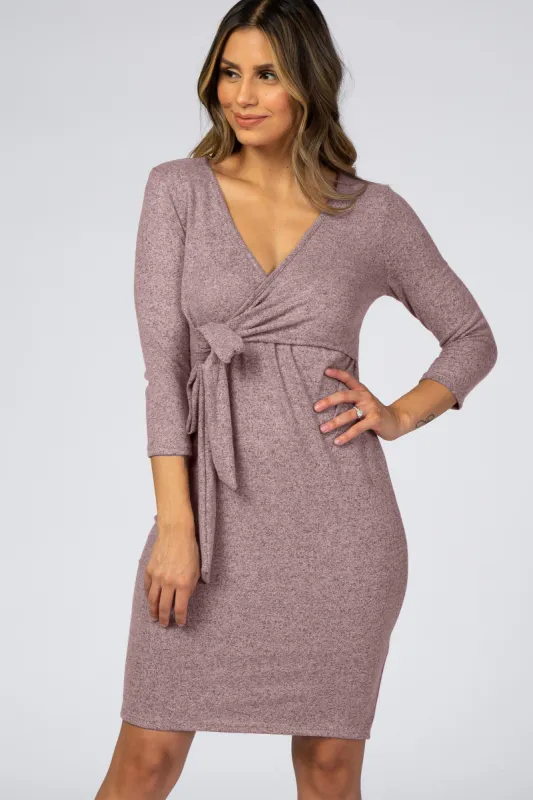 Mauve Brushed Knit Wrap Fitted Dress sold by Pinkblush