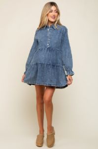 Blue Denim Long Sleeve Tiered Maternity Dress sold by Pinkblush