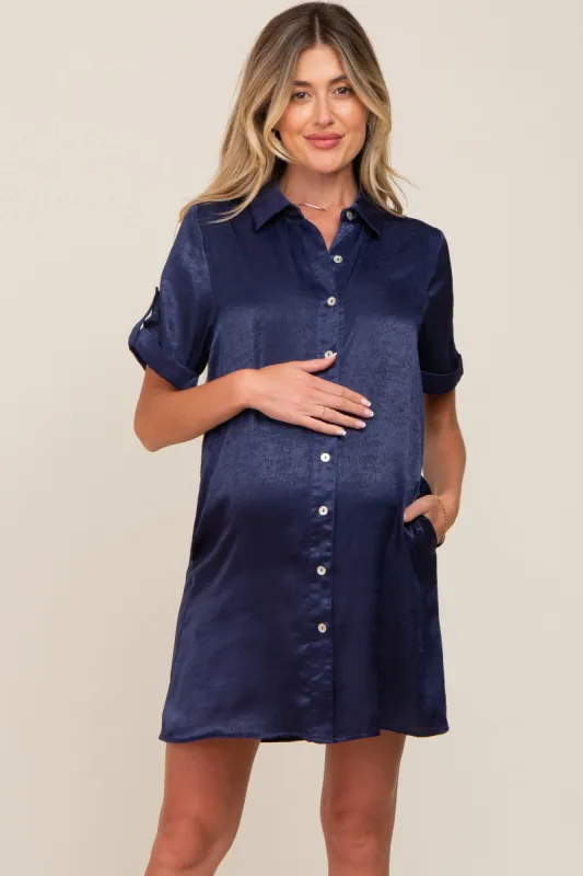 Navy Blue Satin Button Front Short Sleeve Maternity Dress sold by Pinkblush