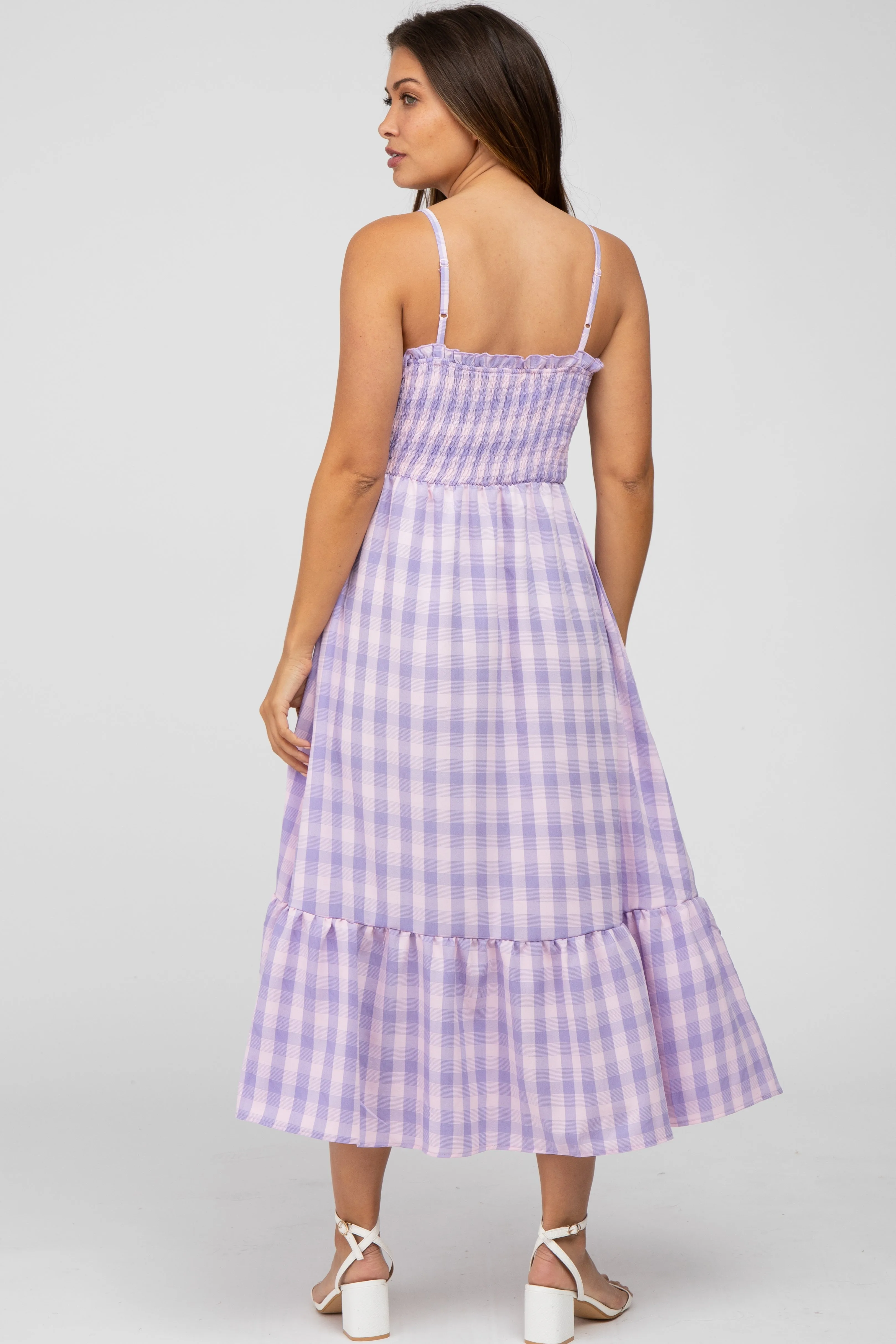 Lavender Plaid Smocked Maternity Midi Dress sold by Pinkblush product image thumbnail 3