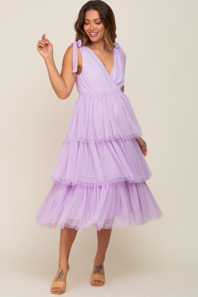 Lavender Sleeveless Tiered Tie Strap Tulle Maternity Midi Dress sold by Pinkblush product image thumbnail 5