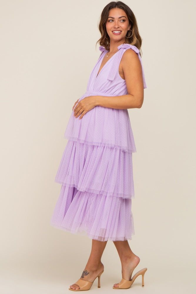 Lavender Sleeveless Tiered Tie Strap Tulle Maternity Midi Dress sold by Pinkblush product image thumbnail 2
