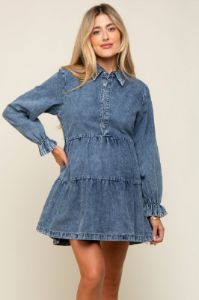 Blue Denim Long Sleeve Tiered Maternity Dress sold by Pinkblush