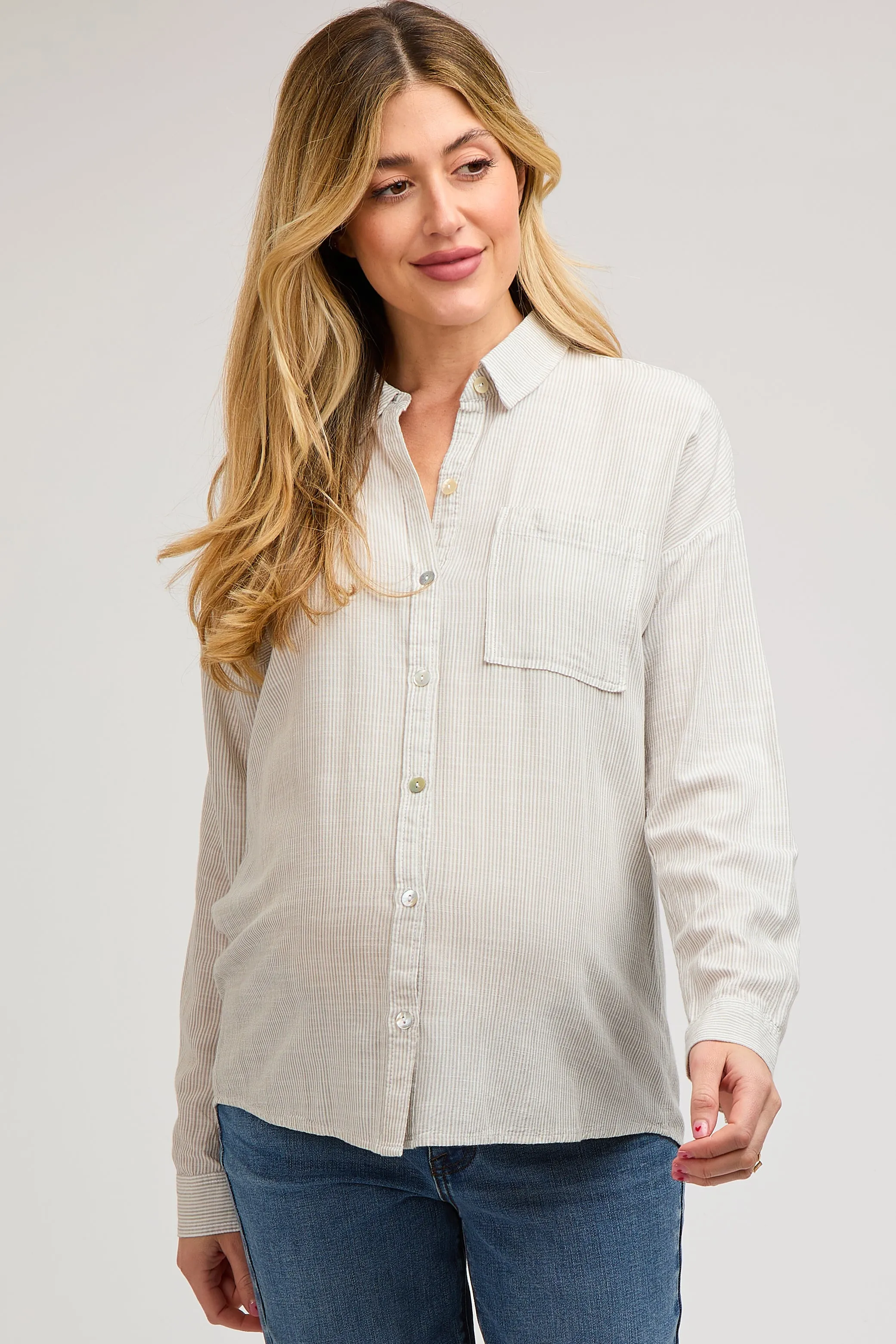 Grey Striped Basic Button Down Maternity Top sold by Pinkblush