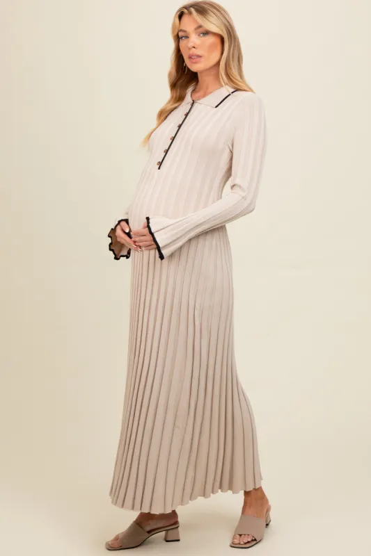 Beige Ribbed Knit Collared Button Up Maternity Maxi Dress sold by Pinkblush