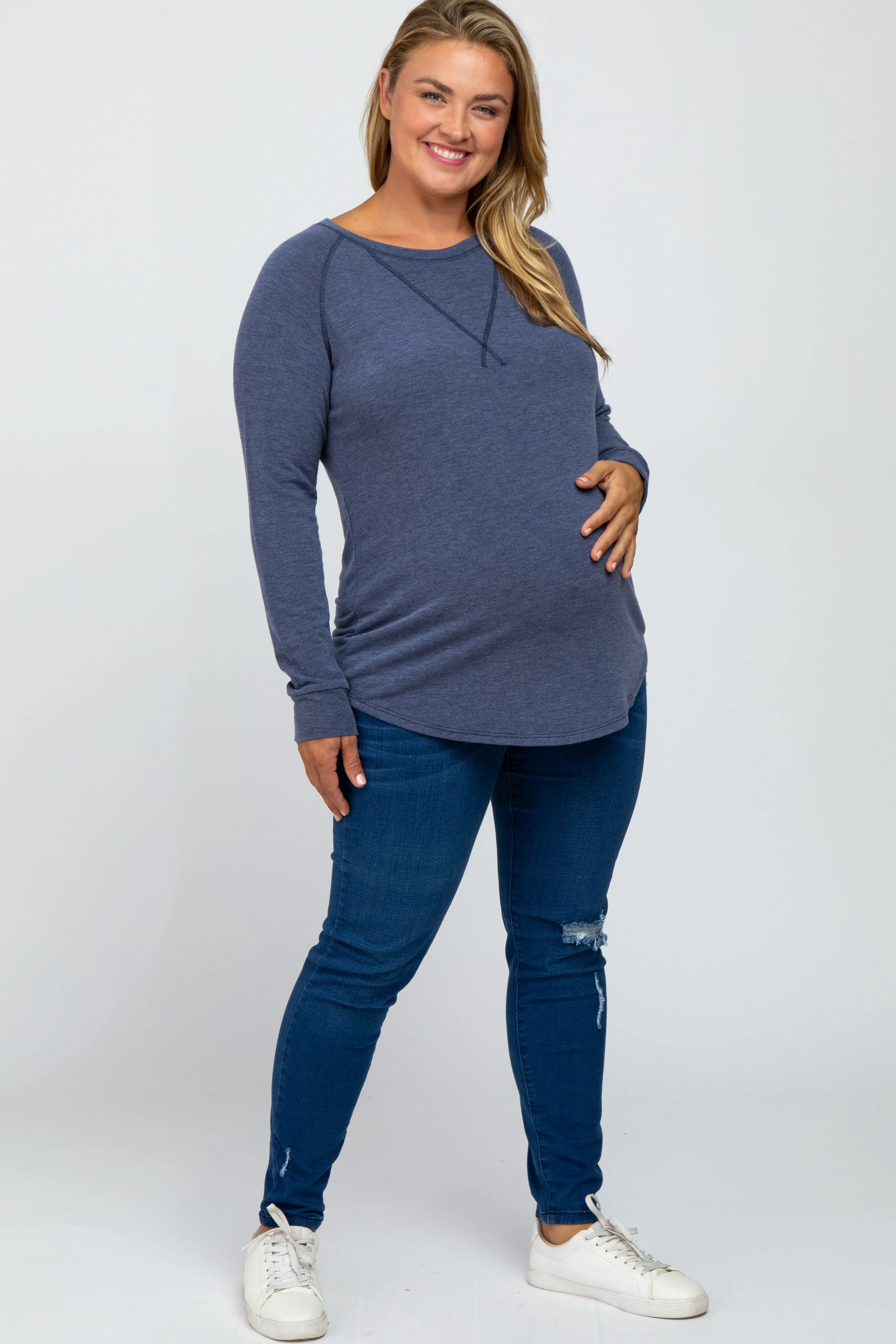 Navy Blue Soft Knit Maternity Plus Long Sleeve Top sold by Pinkblush product image thumbnail 4