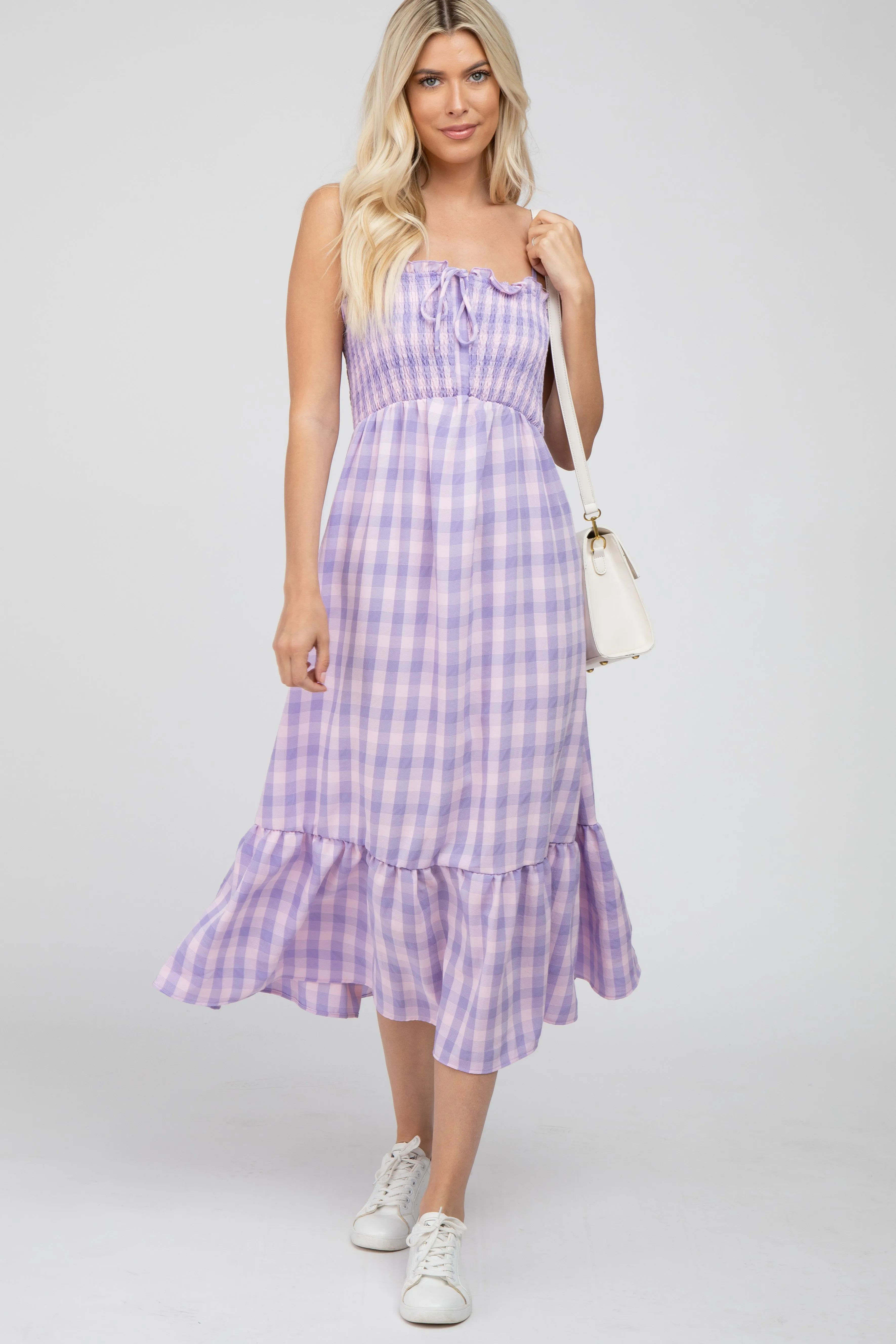 Lavender Plaid Smocked Maternity Midi Dress sold by Pinkblush product image thumbnail 4