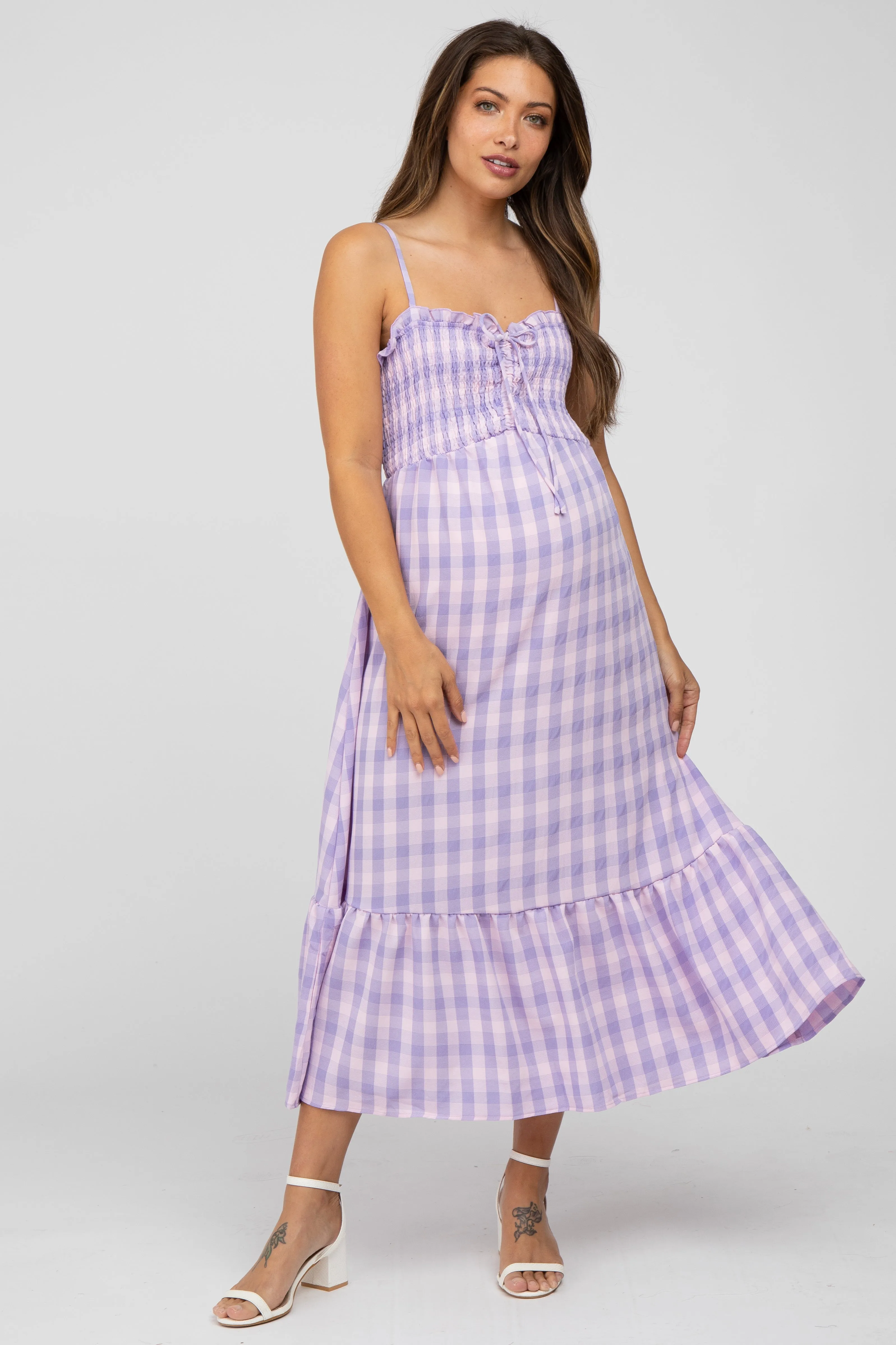 Lavender Plaid Smocked Maternity Midi Dress sold by Pinkblush