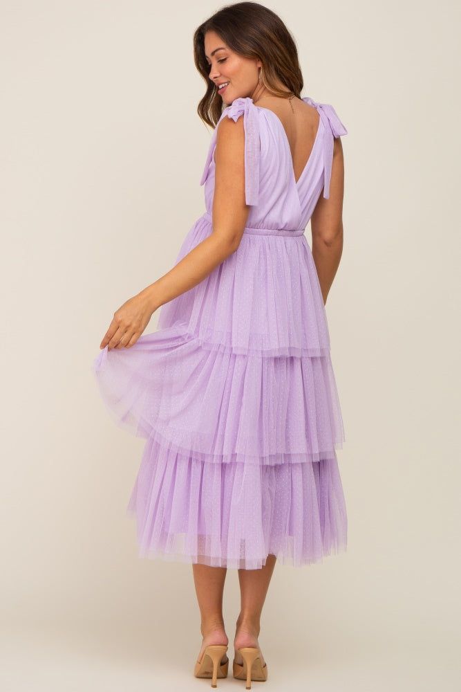 Lavender Sleeveless Tiered Tie Strap Tulle Maternity Midi Dress sold by Pinkblush product image thumbnail 3