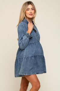 Blue Denim Long Sleeve Tiered Maternity Dress sold by Pinkblush