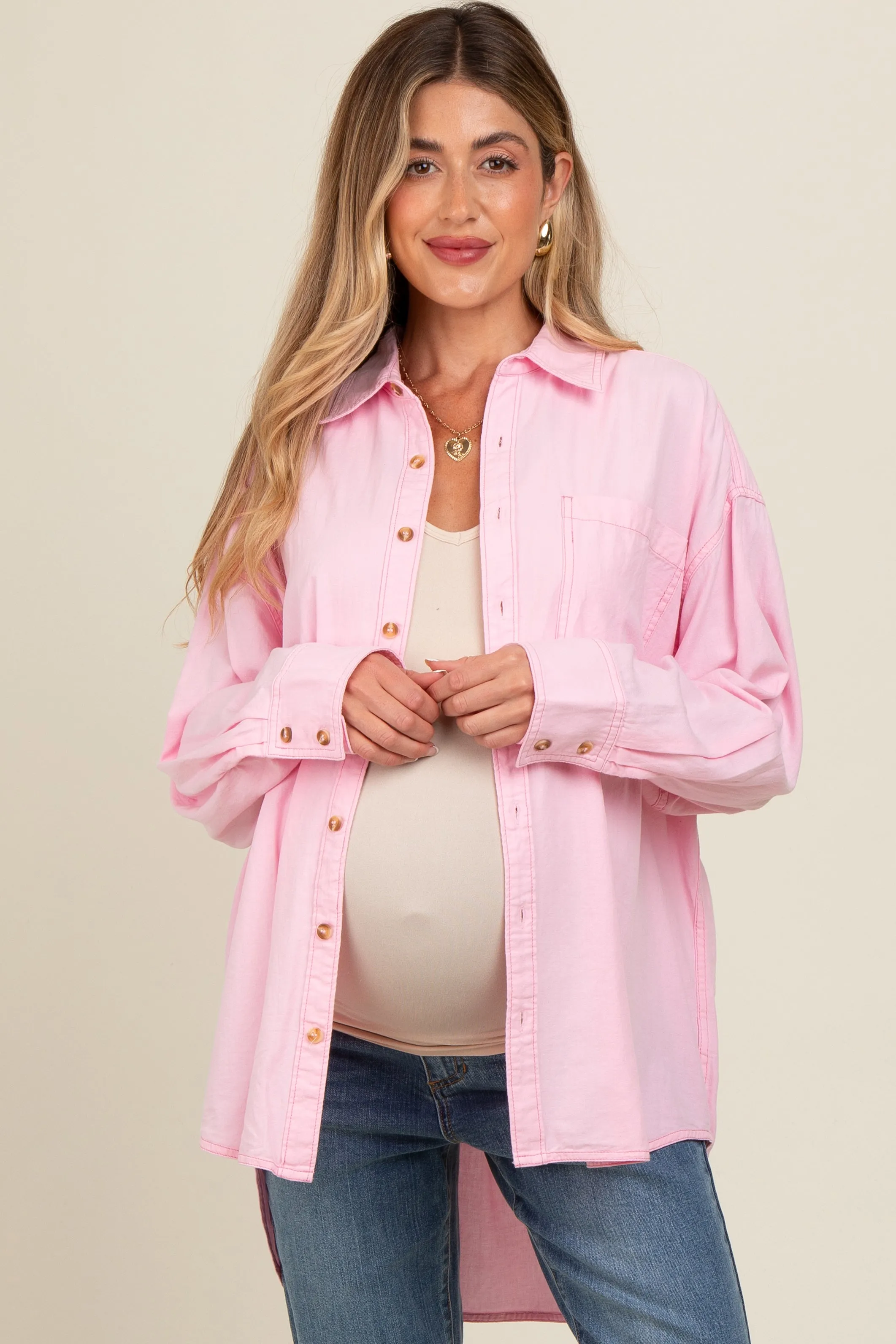 Pink Chambray Button Down Maternity Top sold by Pinkblush