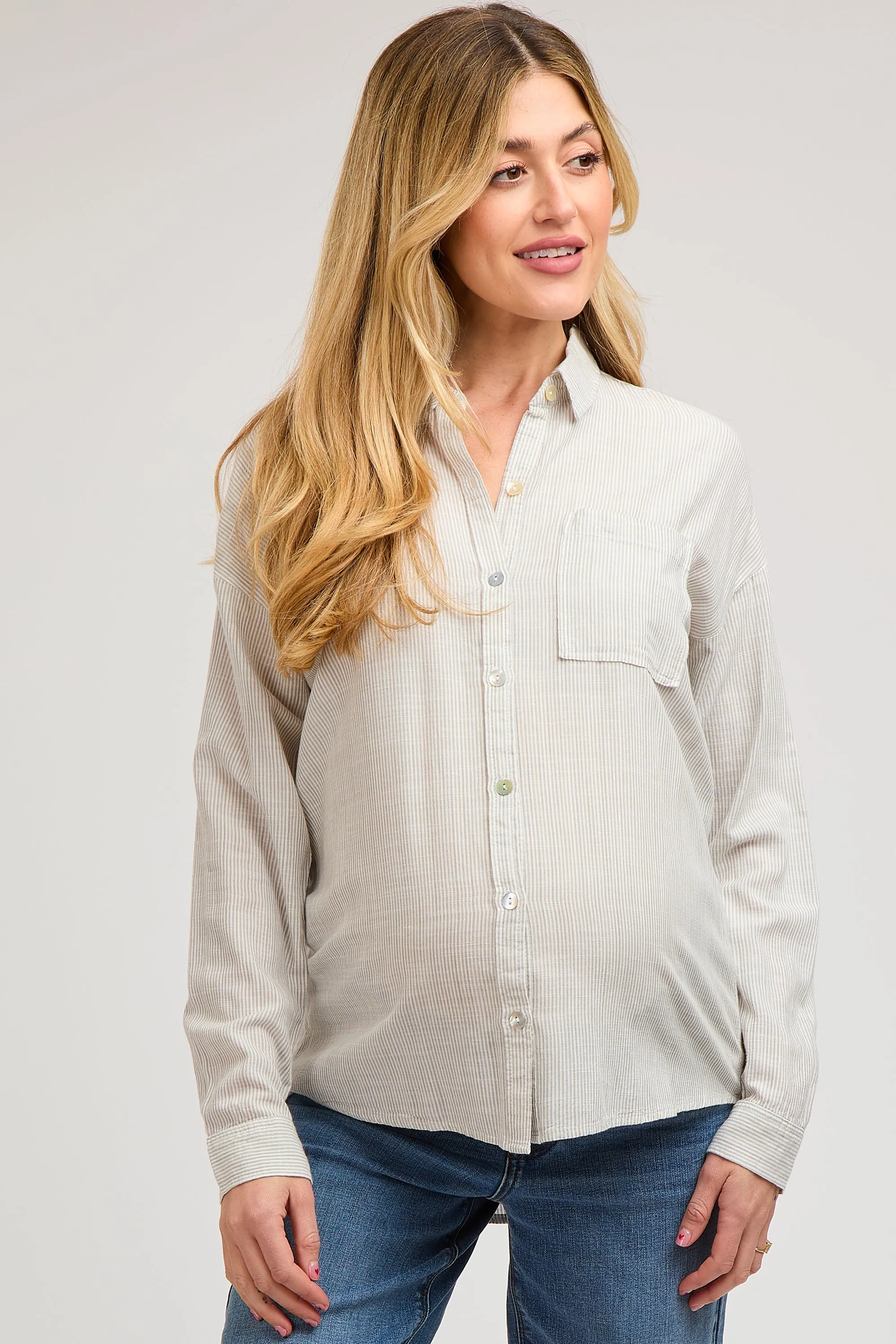 Grey Striped Basic Button Down Maternity Top sold by Pinkblush product image thumbnail 2