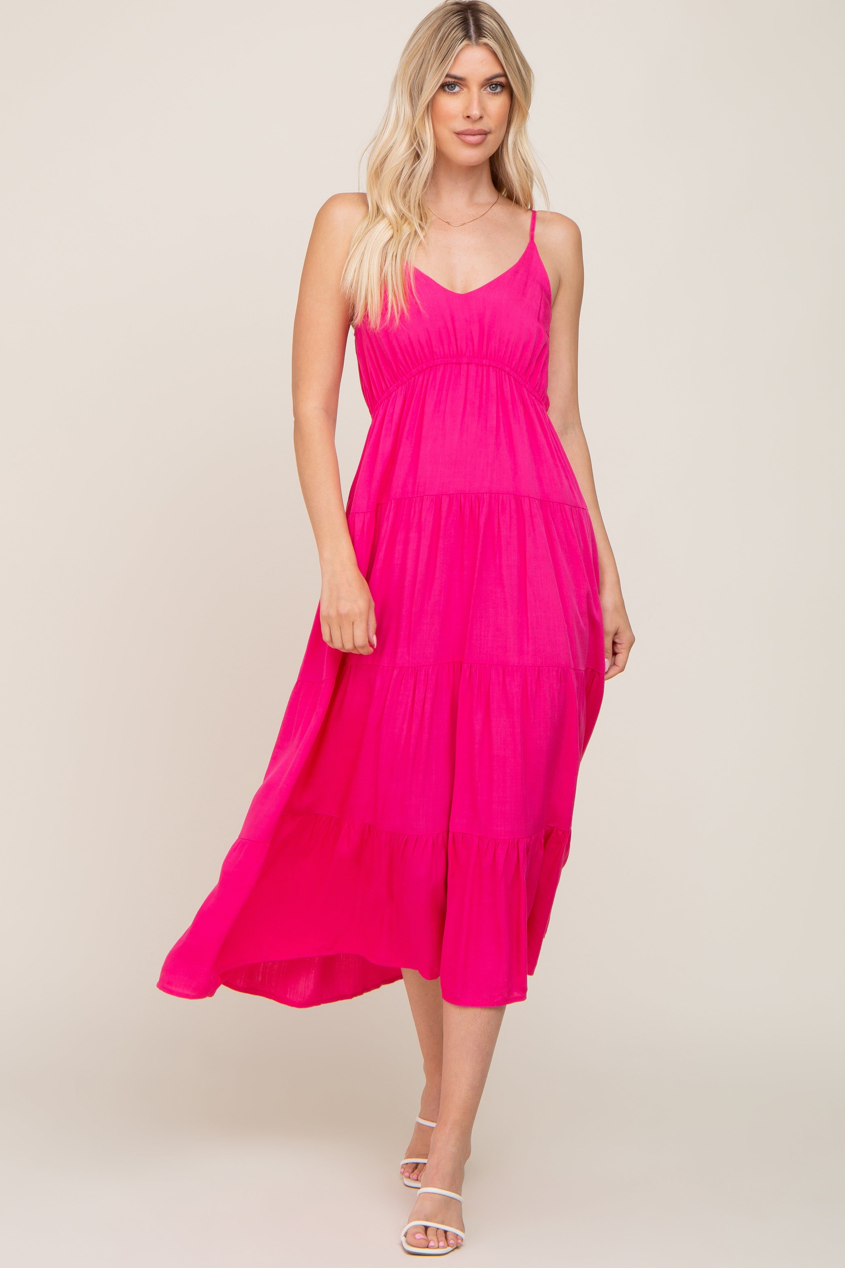Fuchsia Sleeveless Tiered Midi Dress sold by Pinkblush product image thumbnail 4