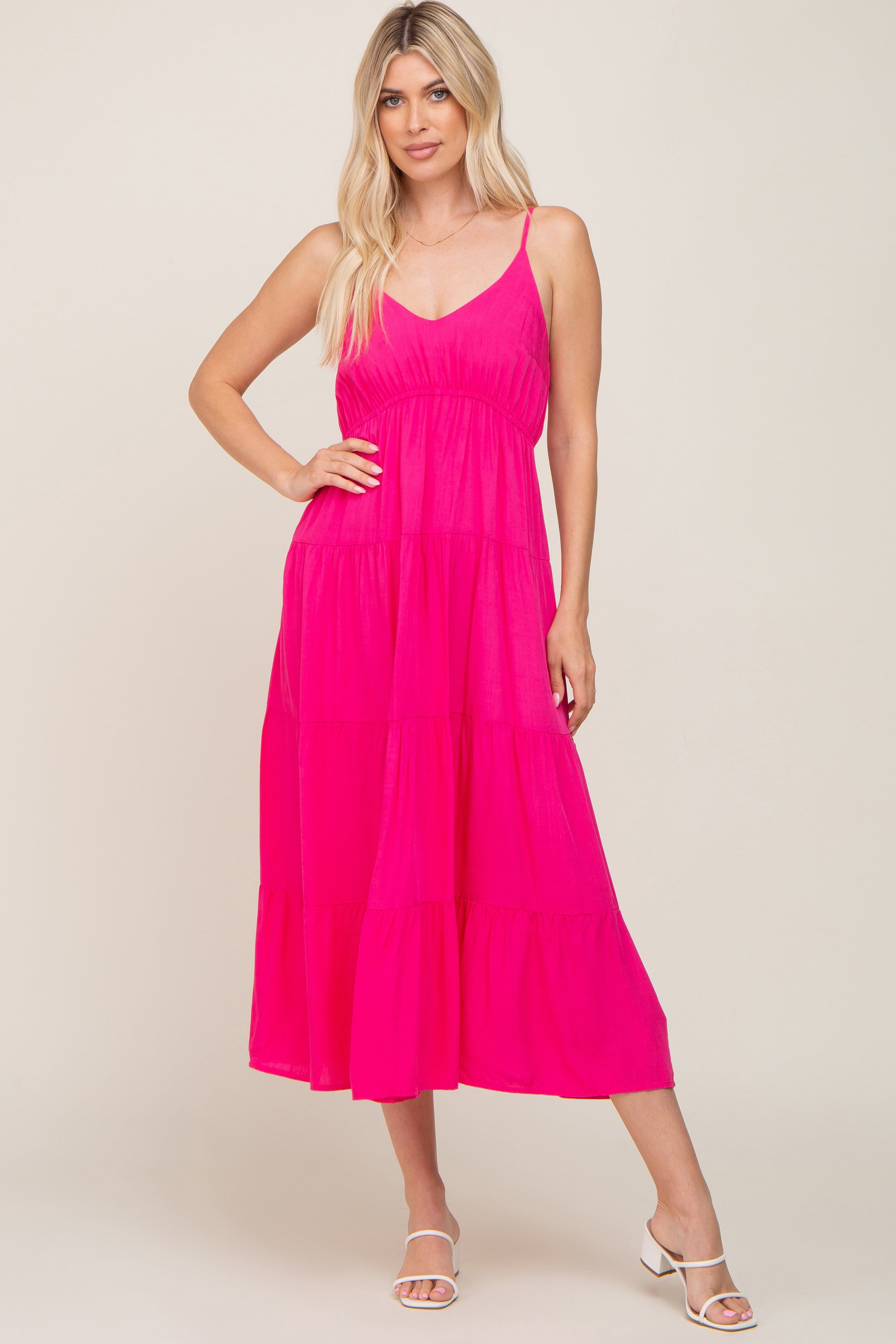 Fuchsia Sleeveless Tiered Midi Dress sold by Pinkblush