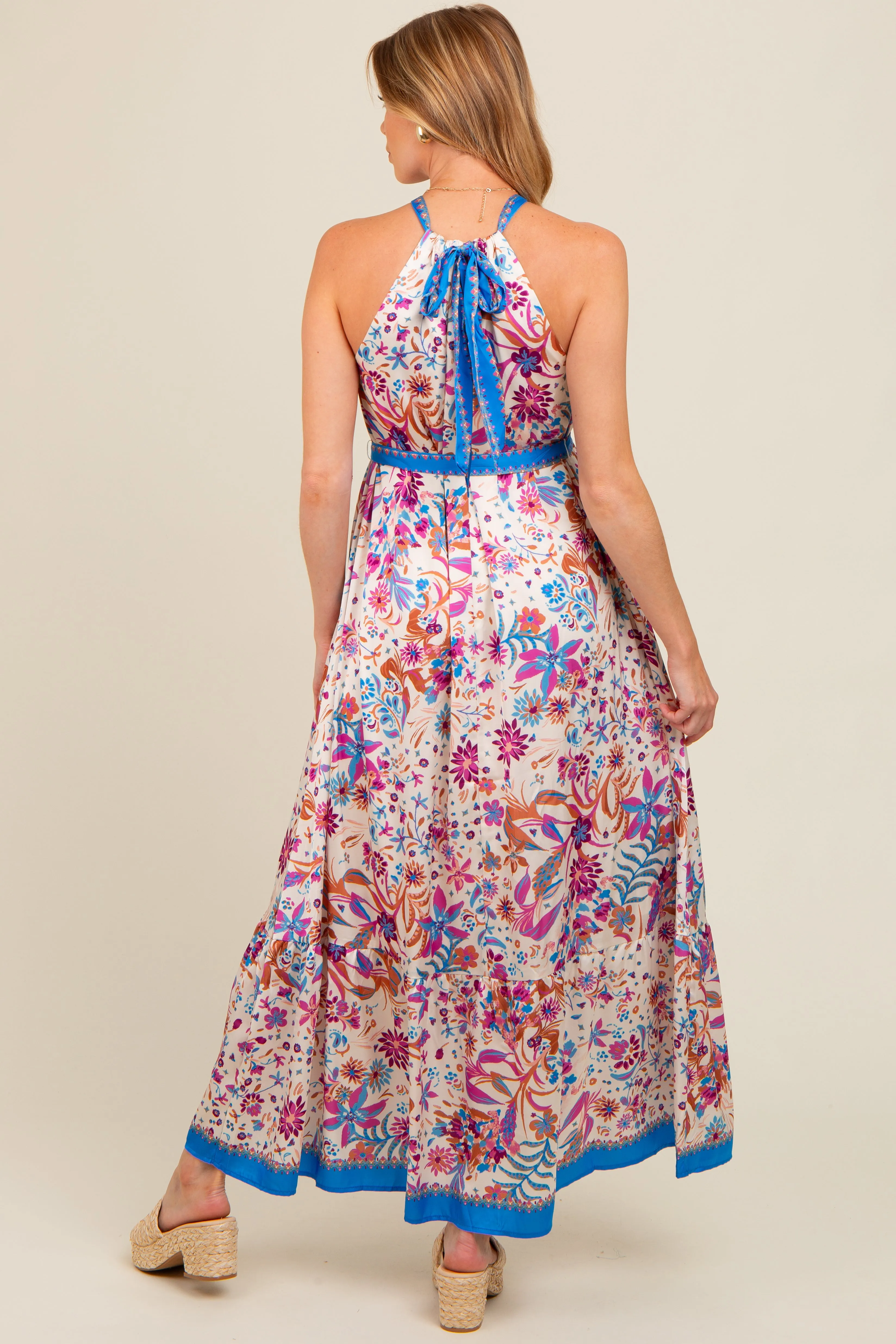 Violet Floral Halter Front Tie Maternity Maxi Dress sold by Pinkblush product image thumbnail 3