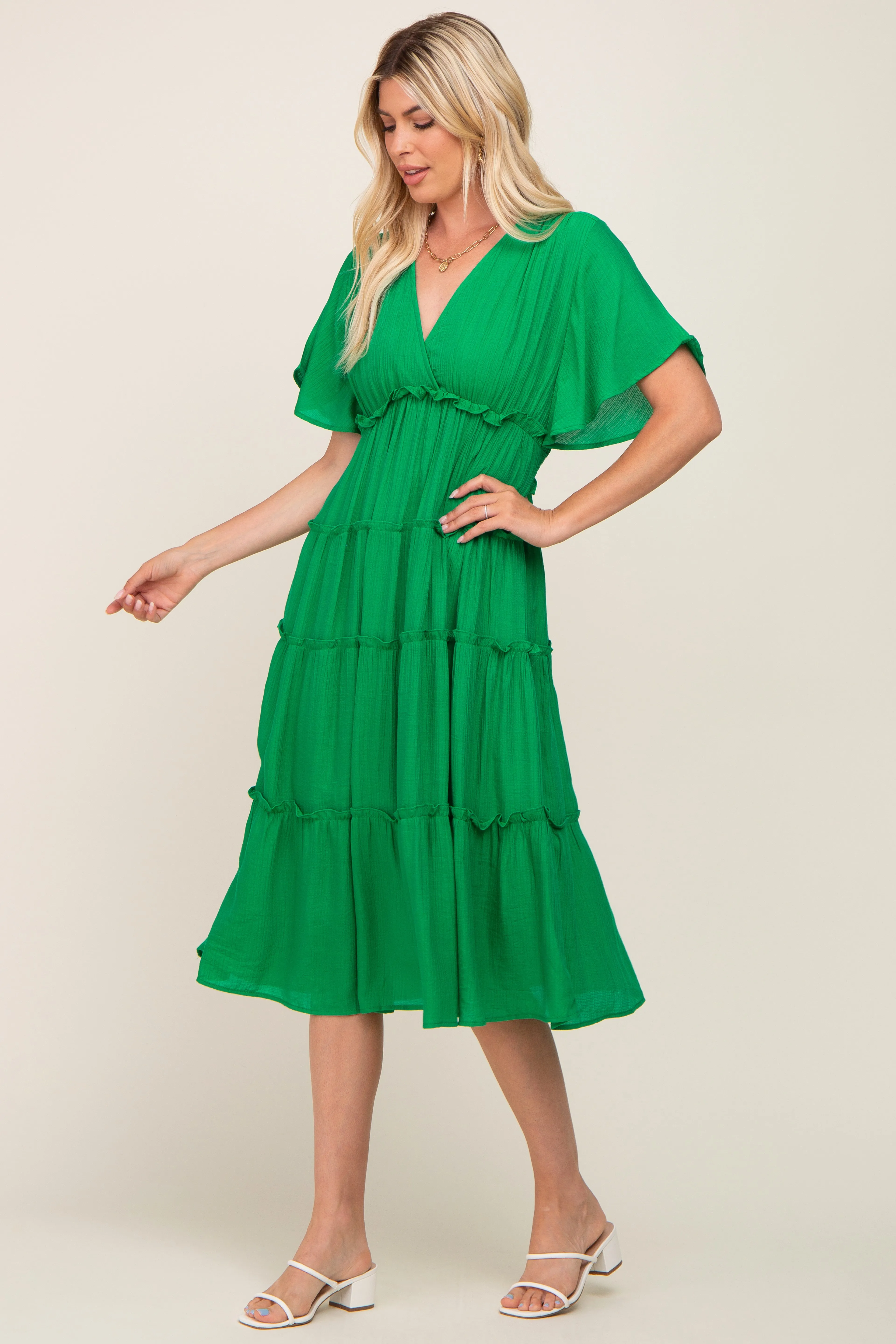 Green Ruffle Tiered V-Neck Midi Dress sold by Pinkblush product image thumbnail 2