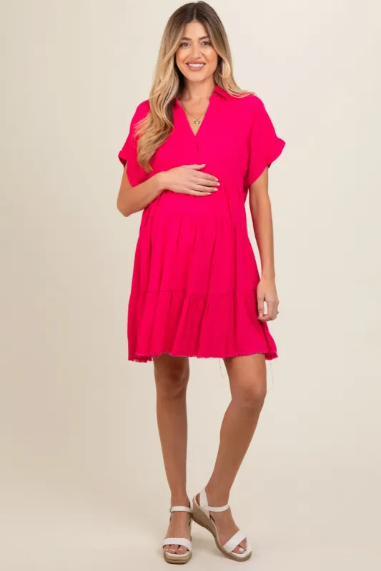 Fuchsia Tiered Linen Maternity Dress sold by Pinkblush
