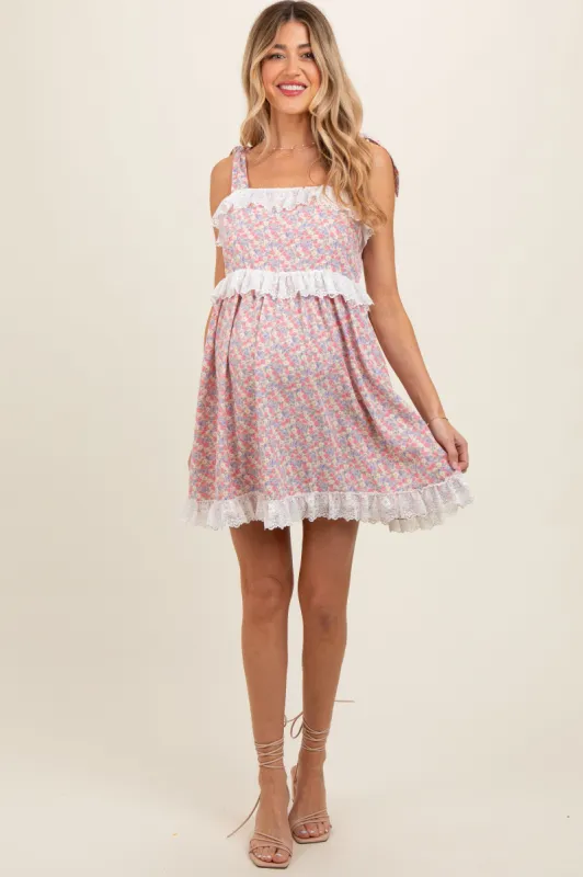 Black Floral Square Neck Shoulder Tie Lace Trim Maternity Dress sold by Pinkblush