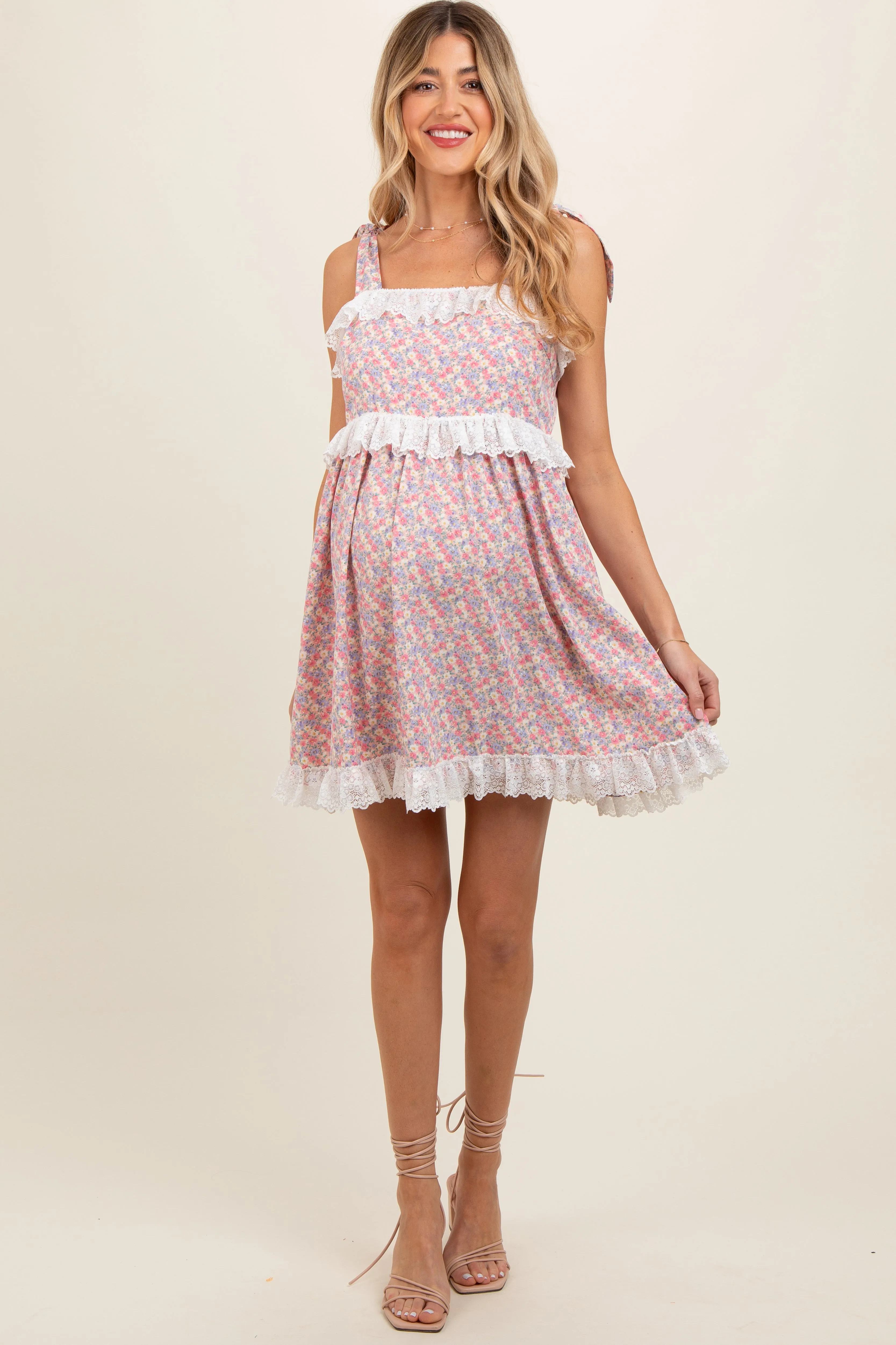 Black Floral Square Neck Shoulder Tie Lace Trim Maternity Dress sold by Pinkblush