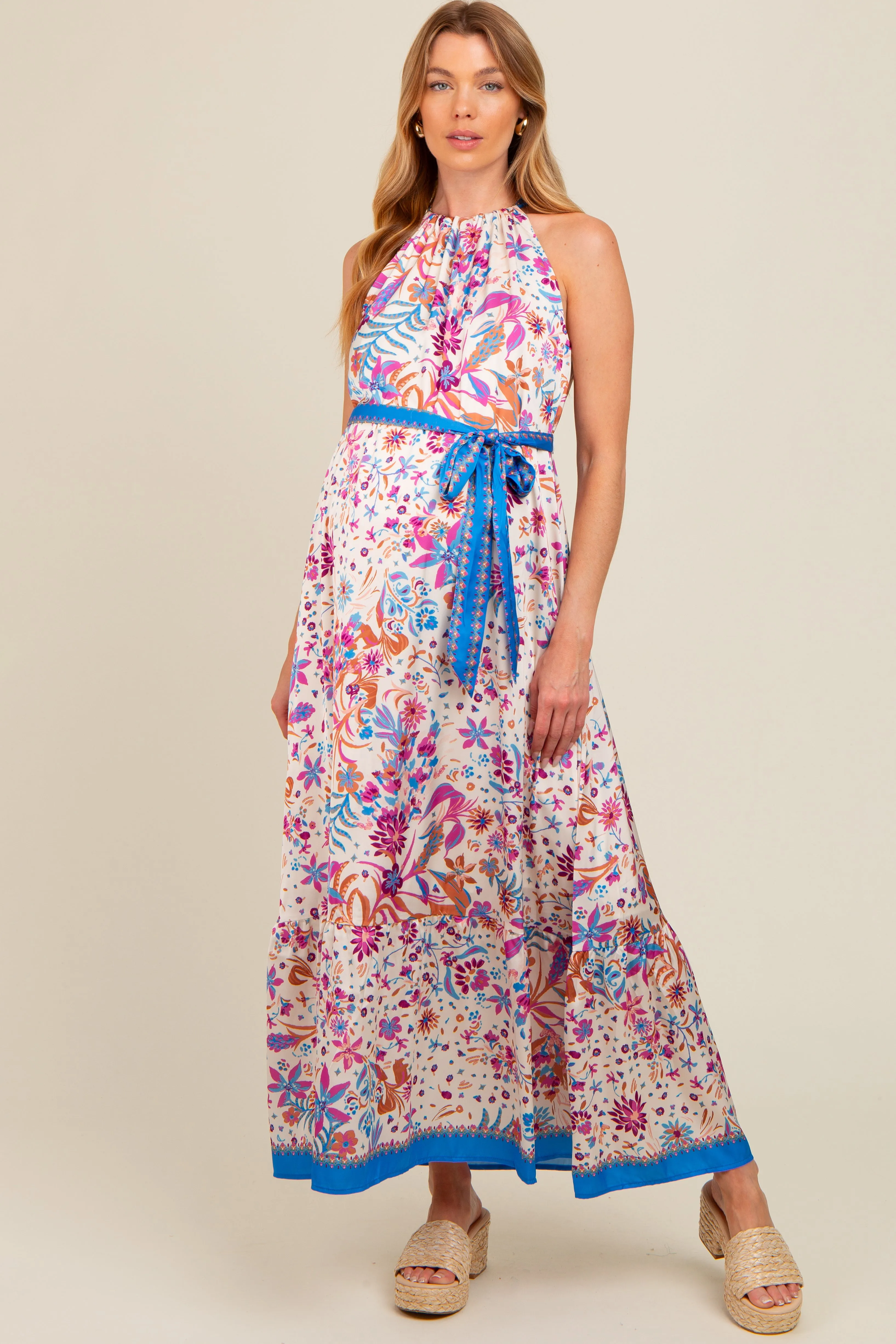 Violet Floral Halter Front Tie Maternity Maxi Dress sold by Pinkblush