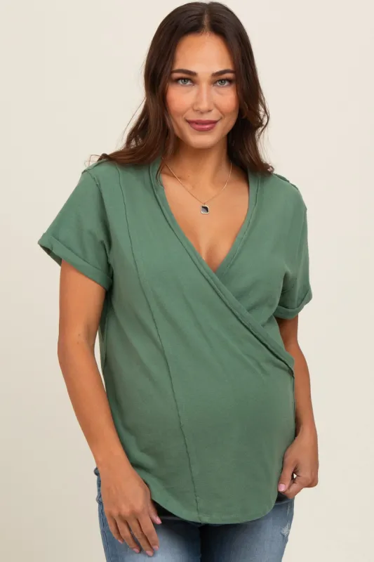 Light Olive Wrap Short Sleeve Raw Hem Maternity Top sold by Pinkblush