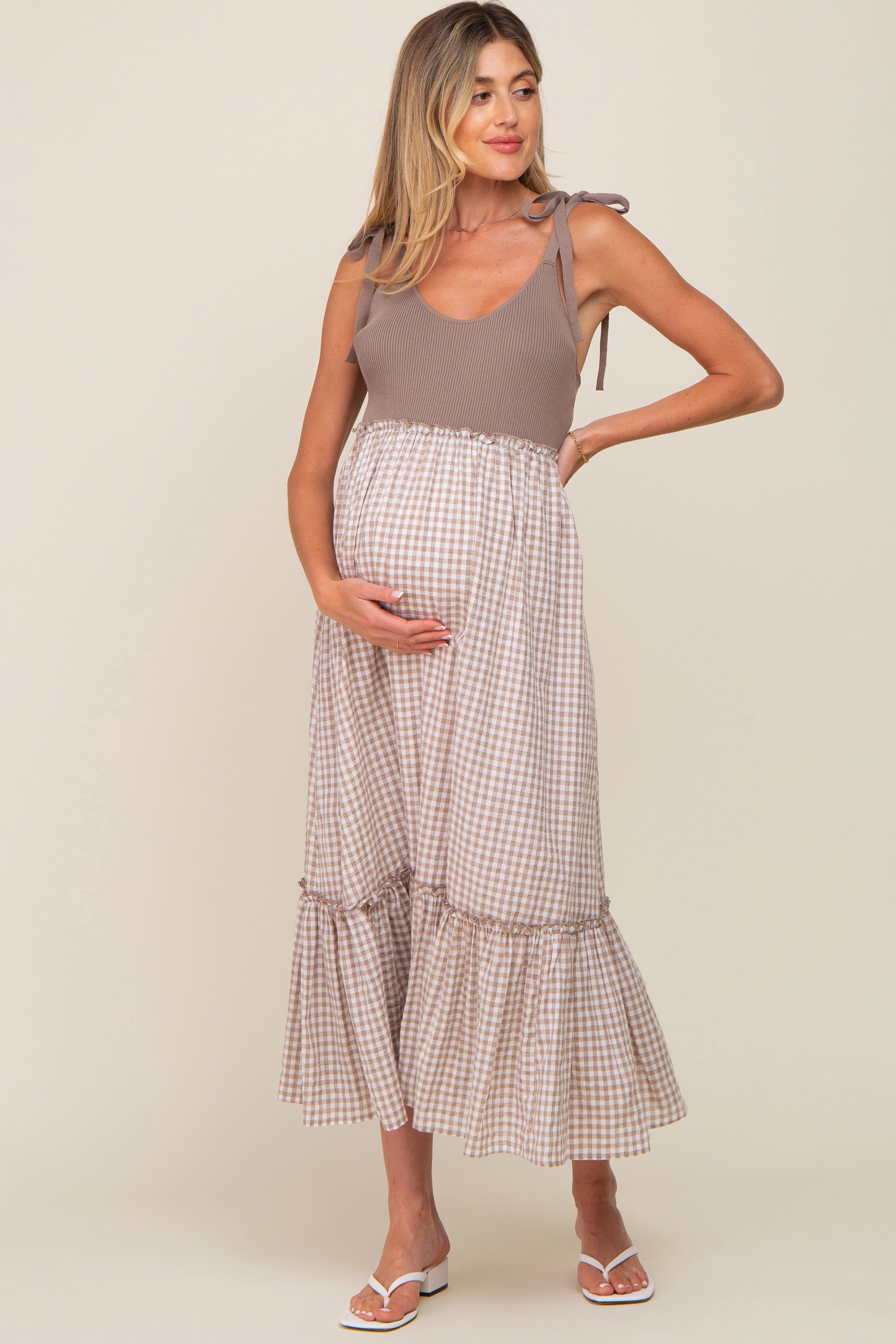 Mocha Gingham Colorblock Maternity Dress sold by Pinkblush product image thumbnail 2