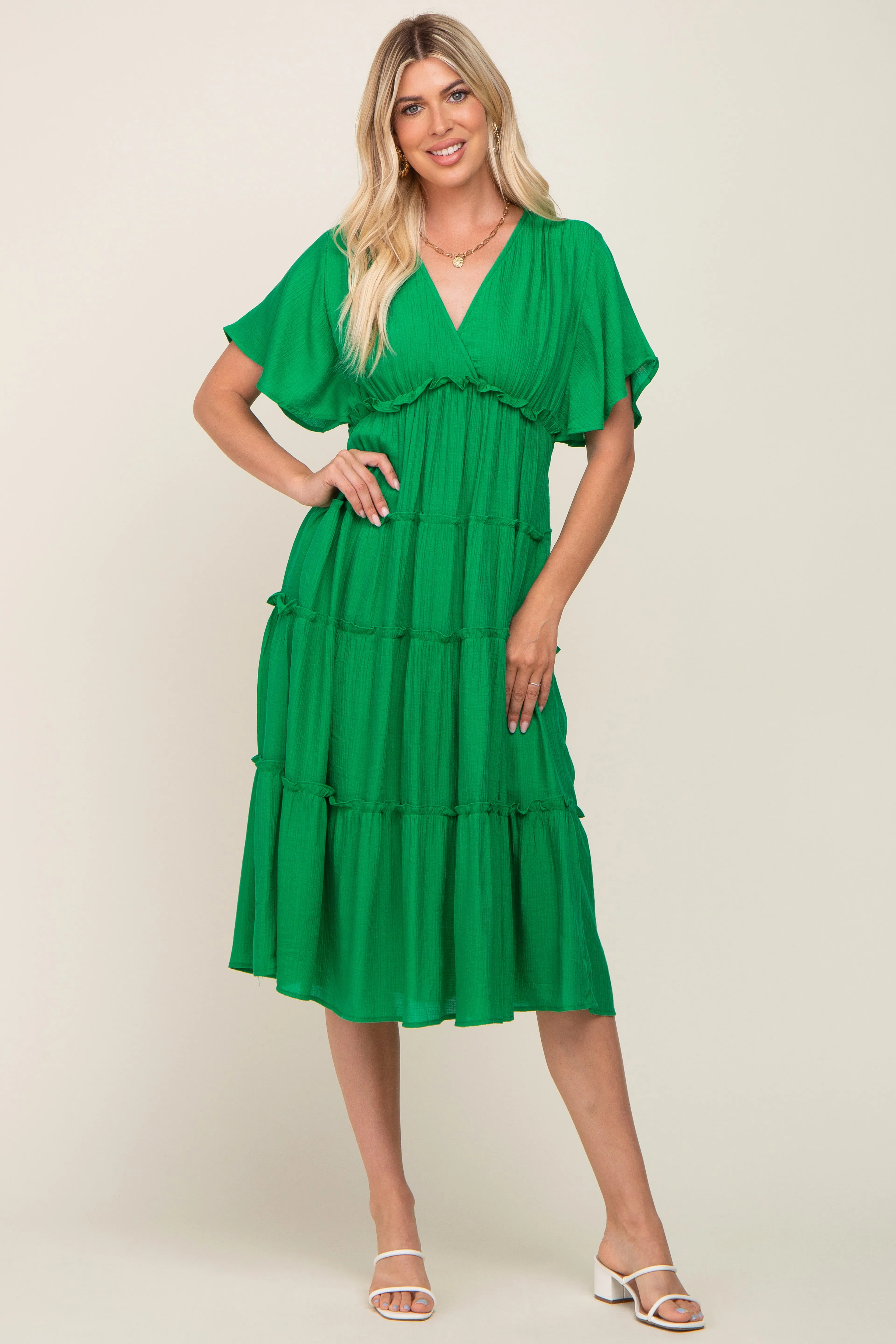 Green Ruffle Tiered V-Neck Midi Dress sold by Pinkblush product image thumbnail 4