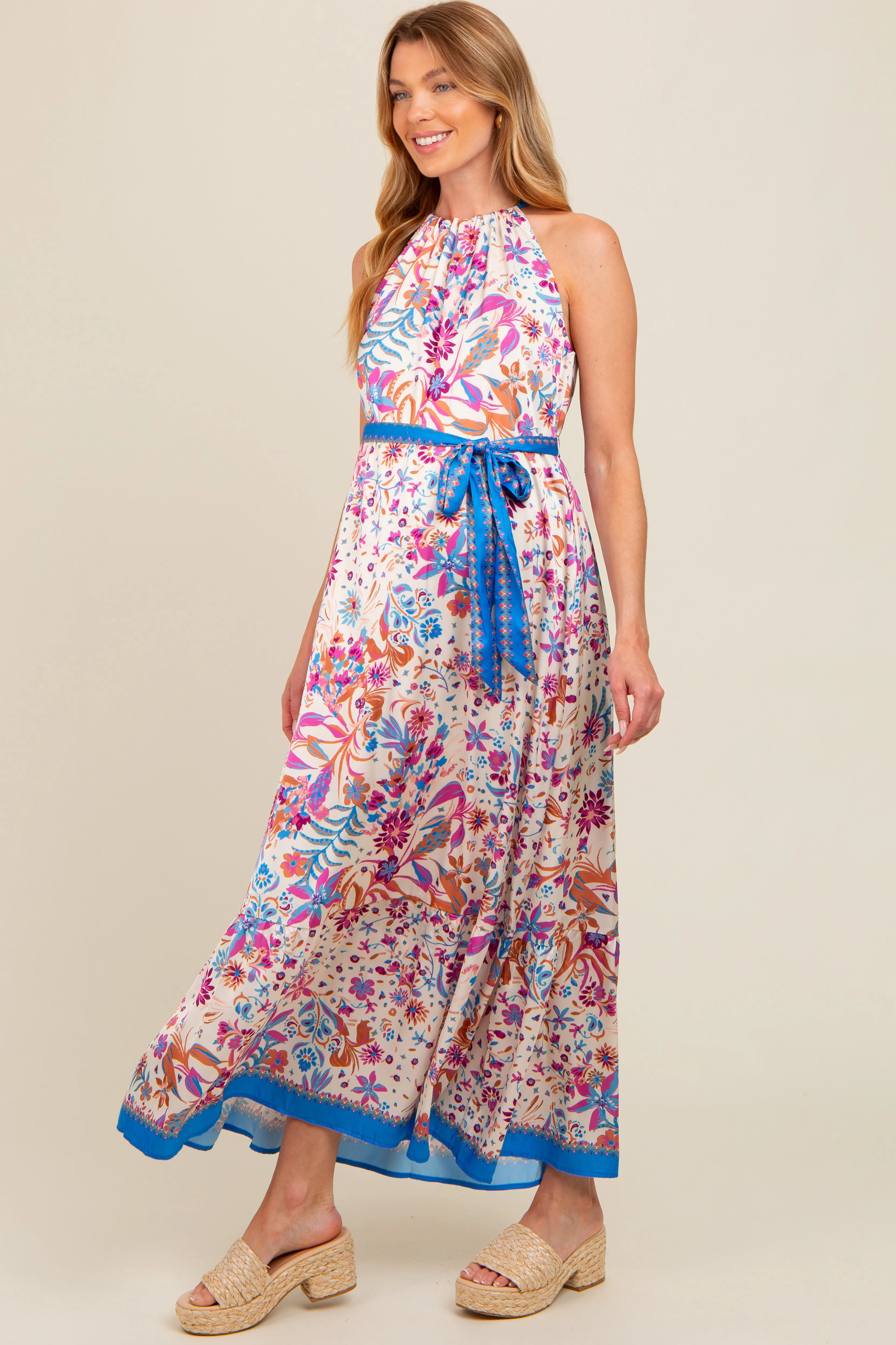 Violet Floral Halter Front Tie Maternity Maxi Dress sold by Pinkblush product image thumbnail 2