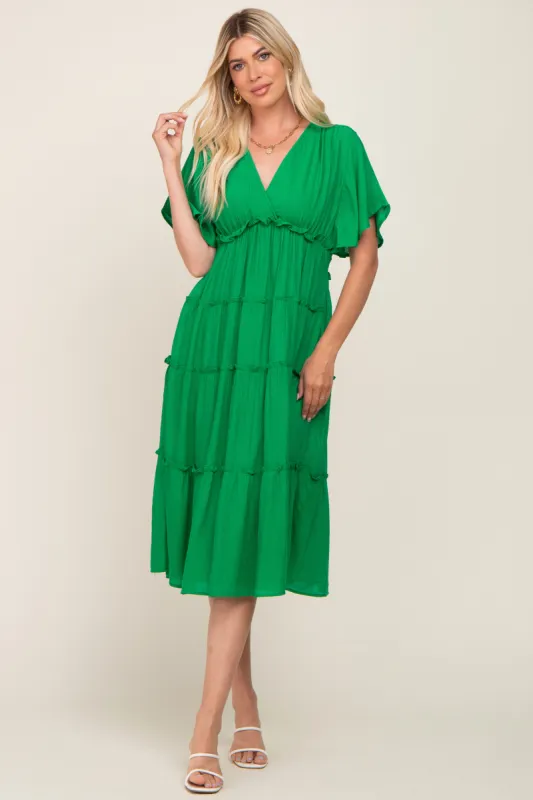 Green Ruffle Tiered V-Neck Midi Dress sold by Pinkblush