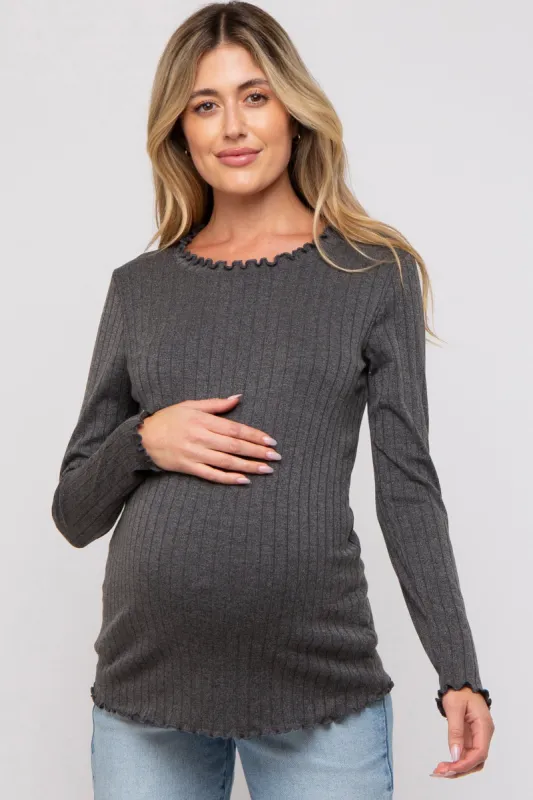 Charcoal Rib Knit Lettuce Trim Maternity Long Sleeve Top sold by Pinkblush