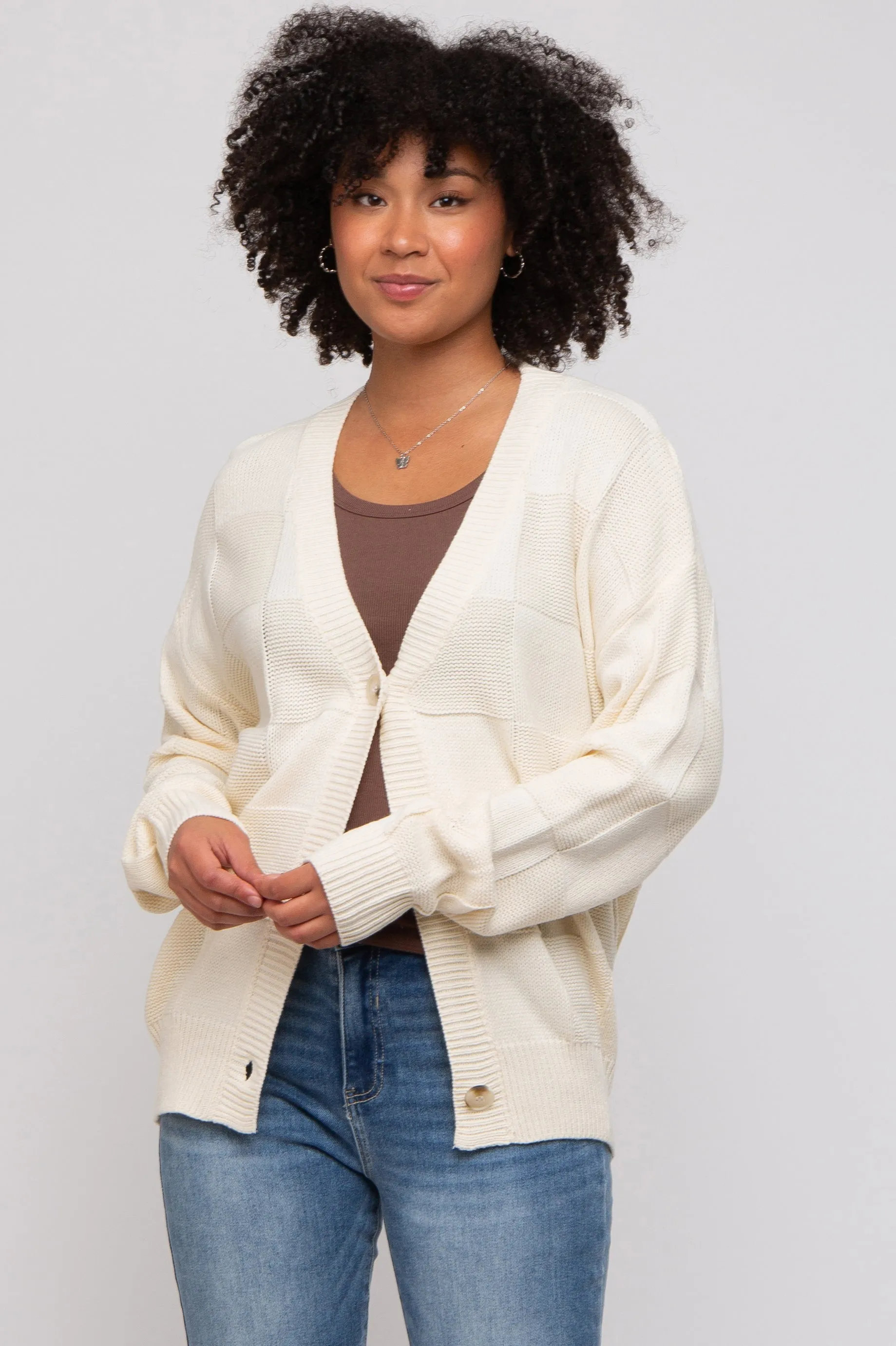Cream Checkered Knit Button Front Cardigan sold by Pinkblush product image thumbnail 2