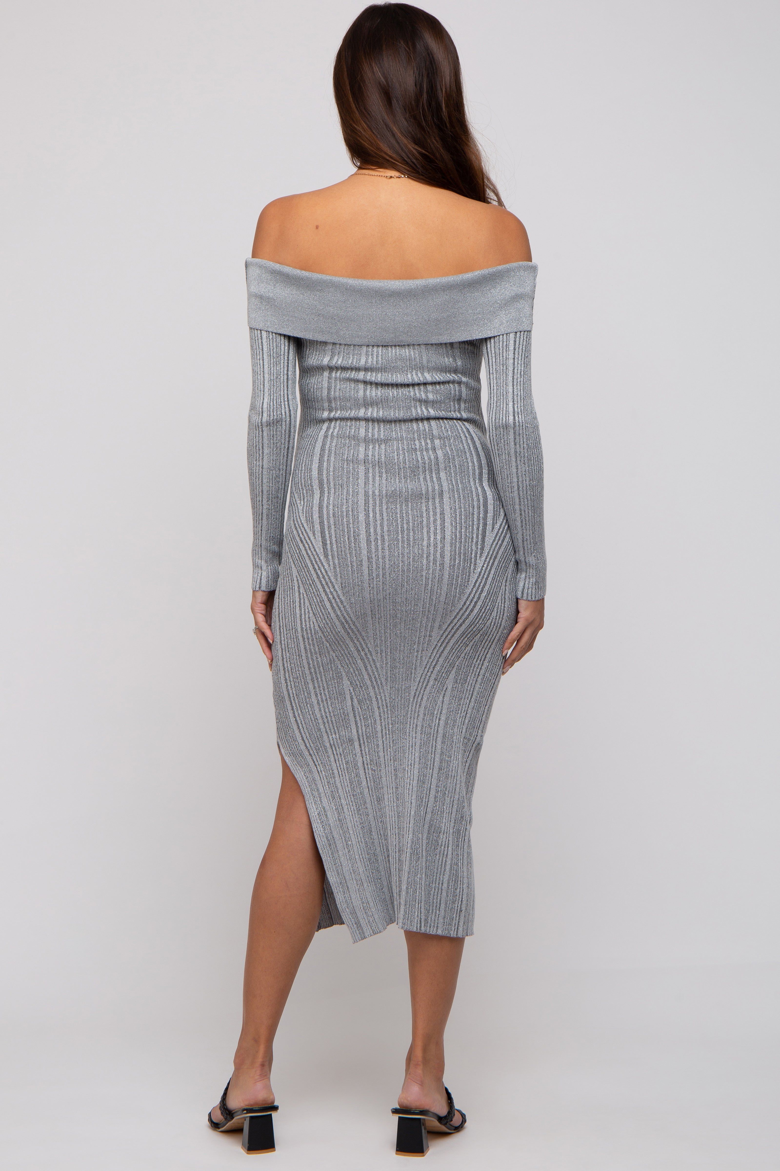 Grey Metallic Ribbed Side Slit Off Shoulder Maternity Midi Dress sold by Pinkblush product image thumbnail 3