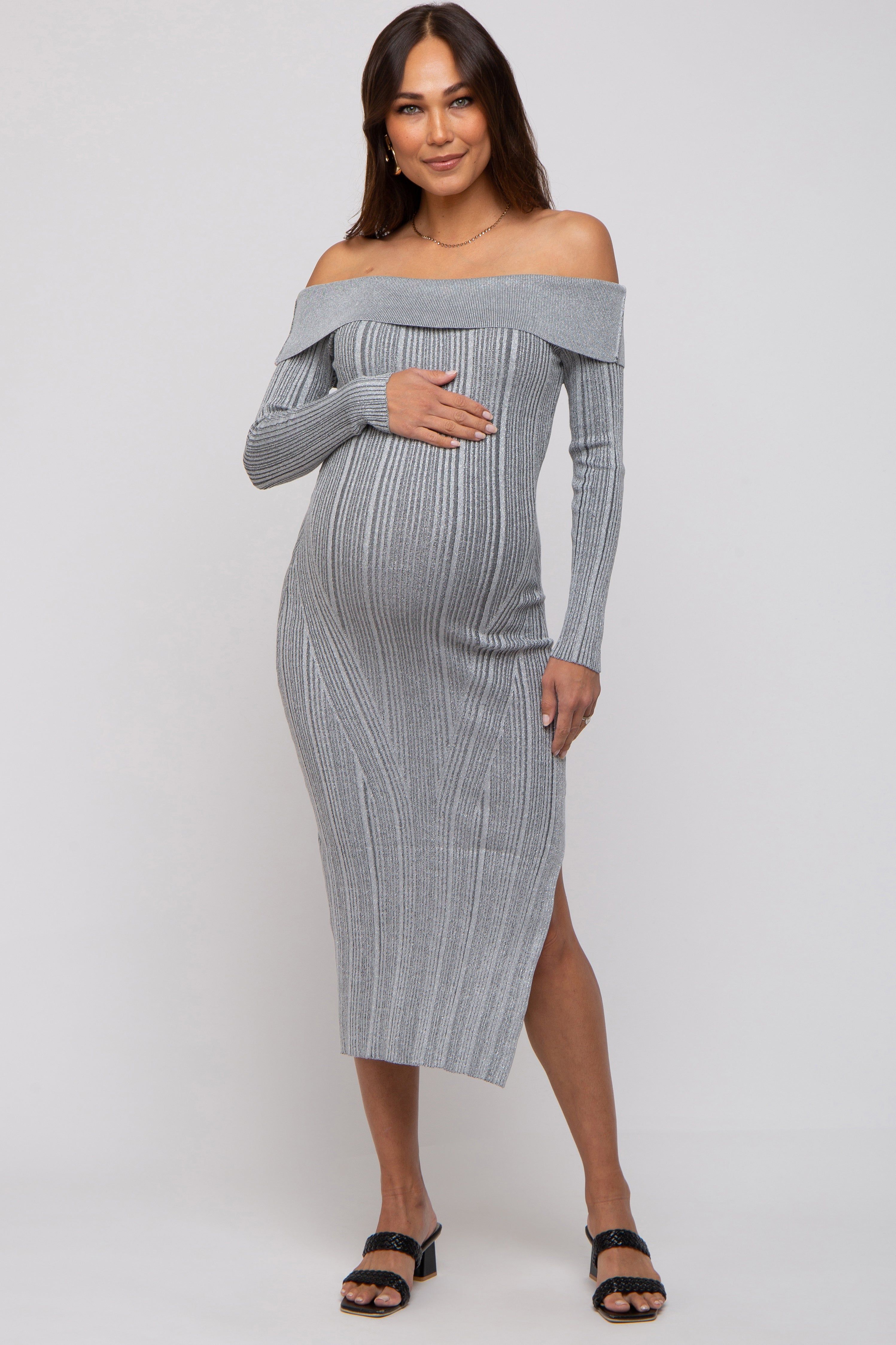 Grey Metallic Ribbed Side Slit Off Shoulder Maternity Midi Dress sold by Pinkblush